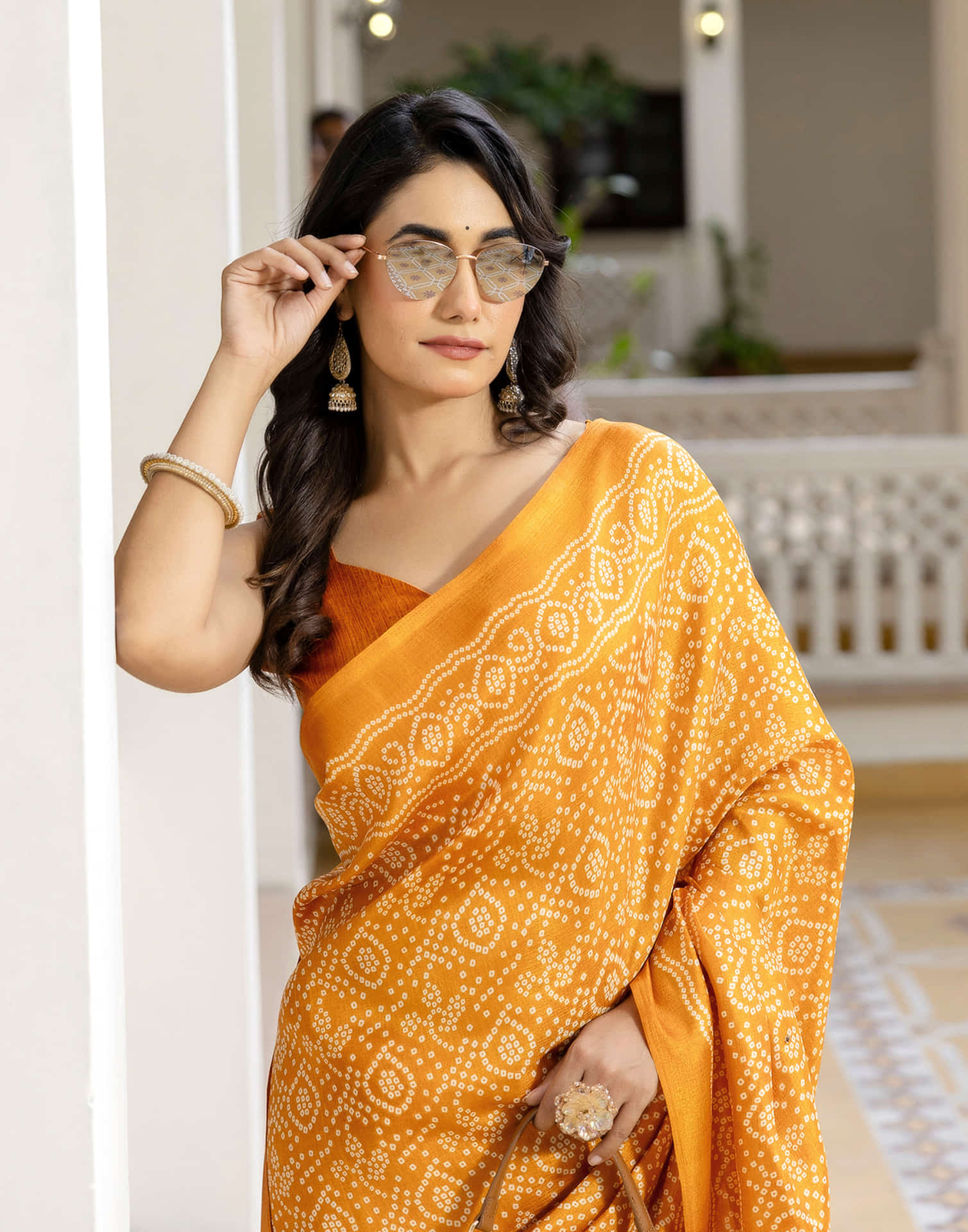Turmeric Yellow Cotton Blend Bandhani Printed Saree