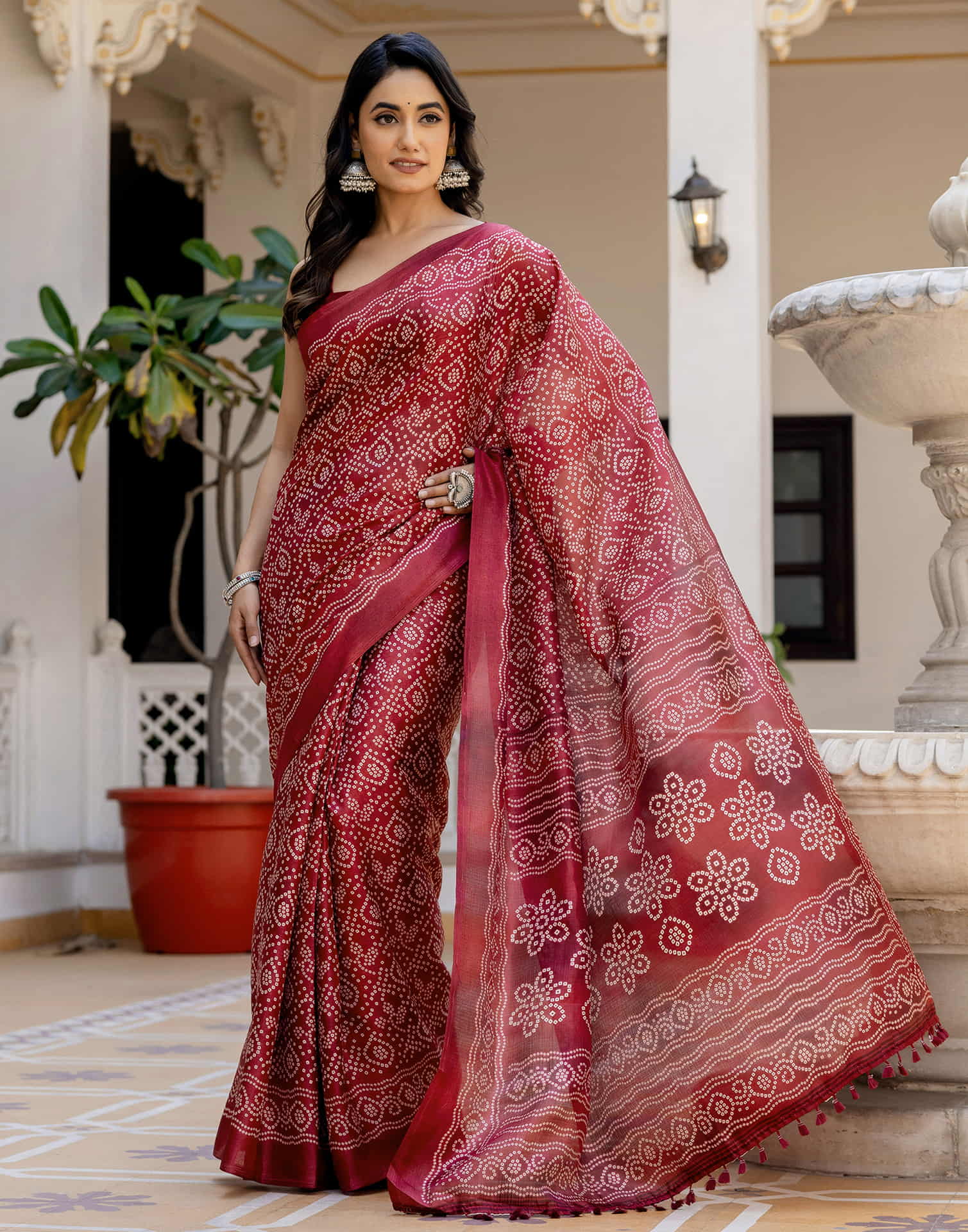 Dark Red Cotton Blend Bandhani Printed Saree