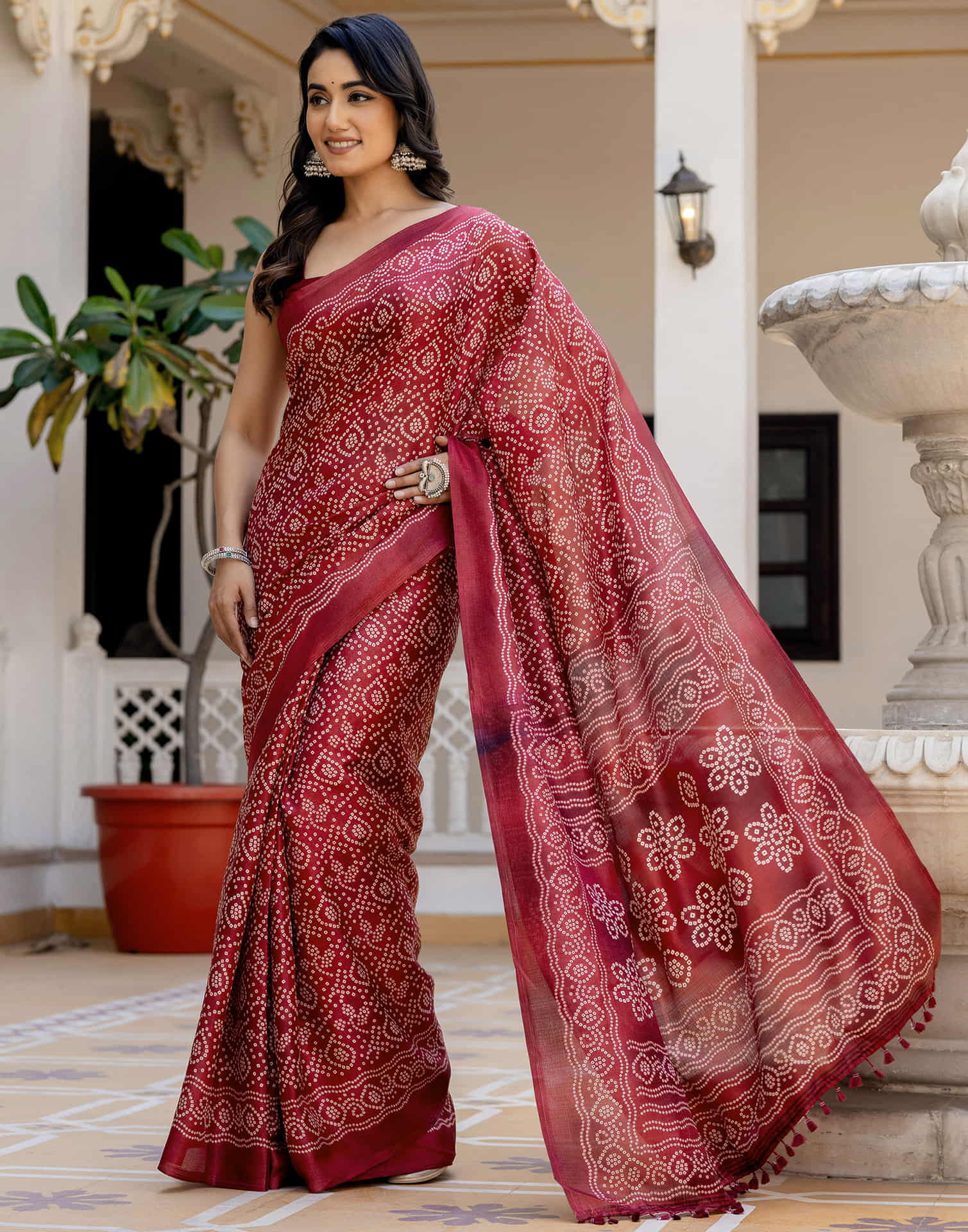 Dark Red Cotton Blend Bandhani Printed Saree