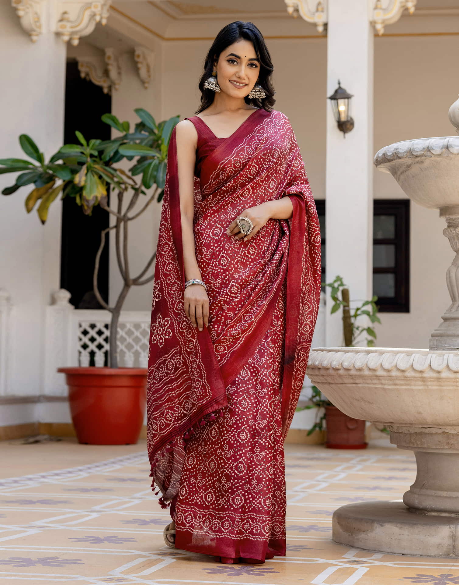 Dark Red Cotton Blend Bandhani Printed Saree