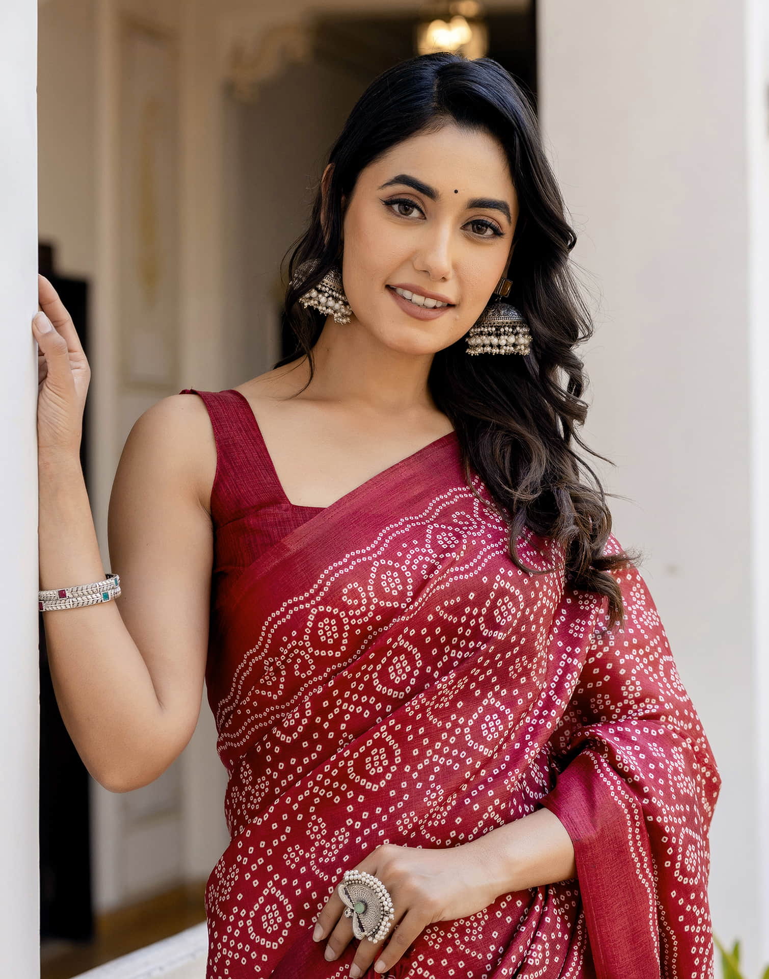 Dark Red Cotton Blend Bandhani Printed Saree