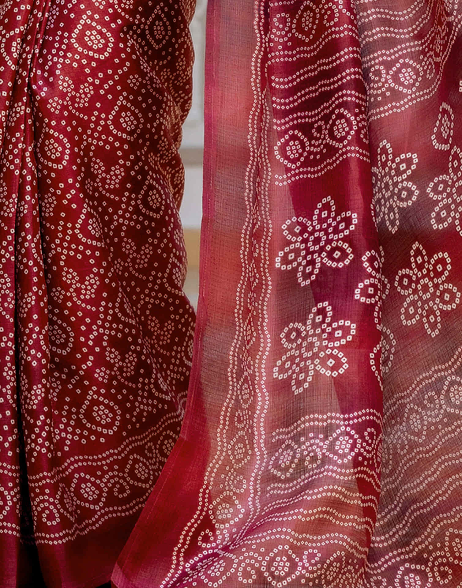 Dark Red Cotton Blend Bandhani Printed Saree