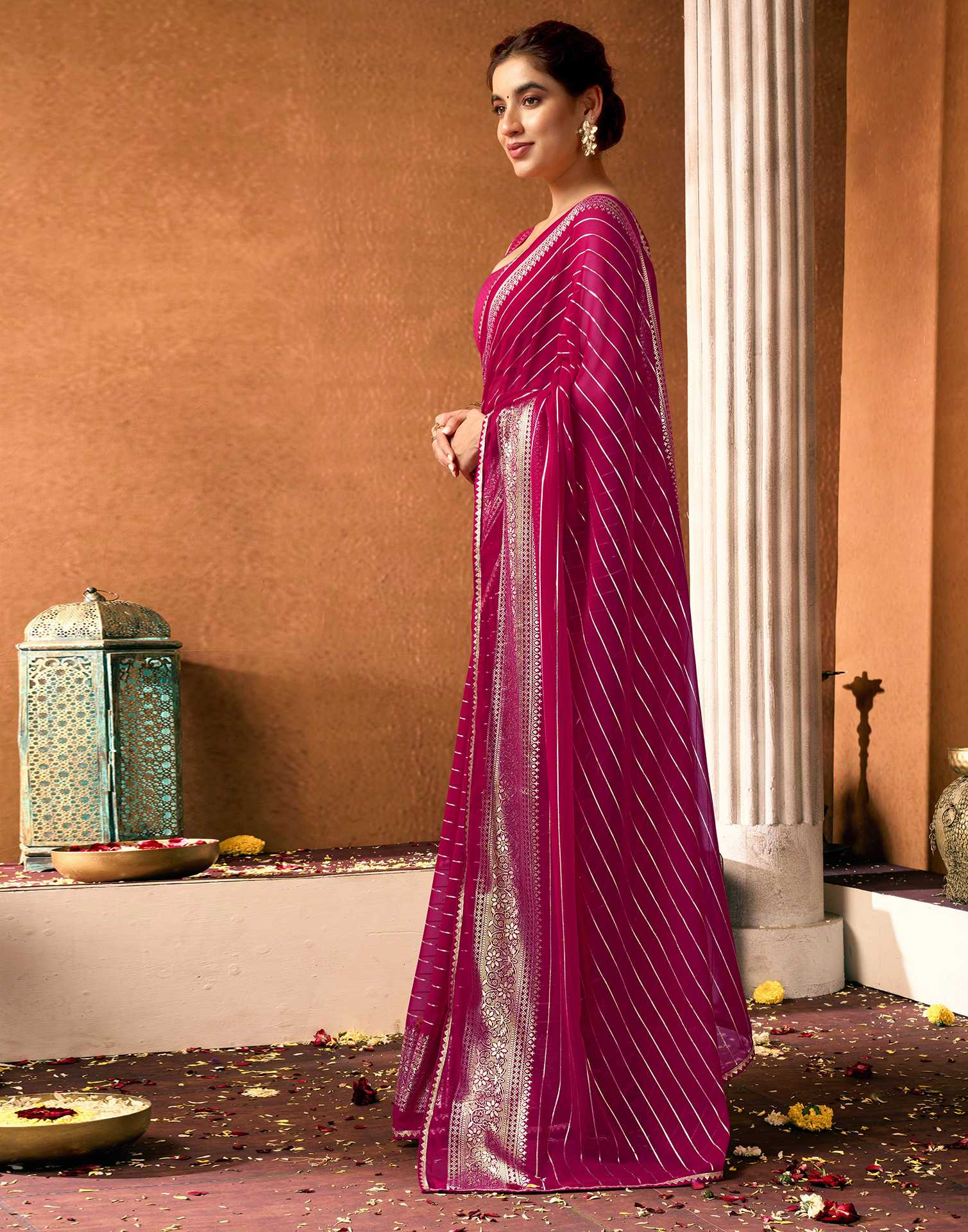 Magenta Georgette Foil Printed Saree