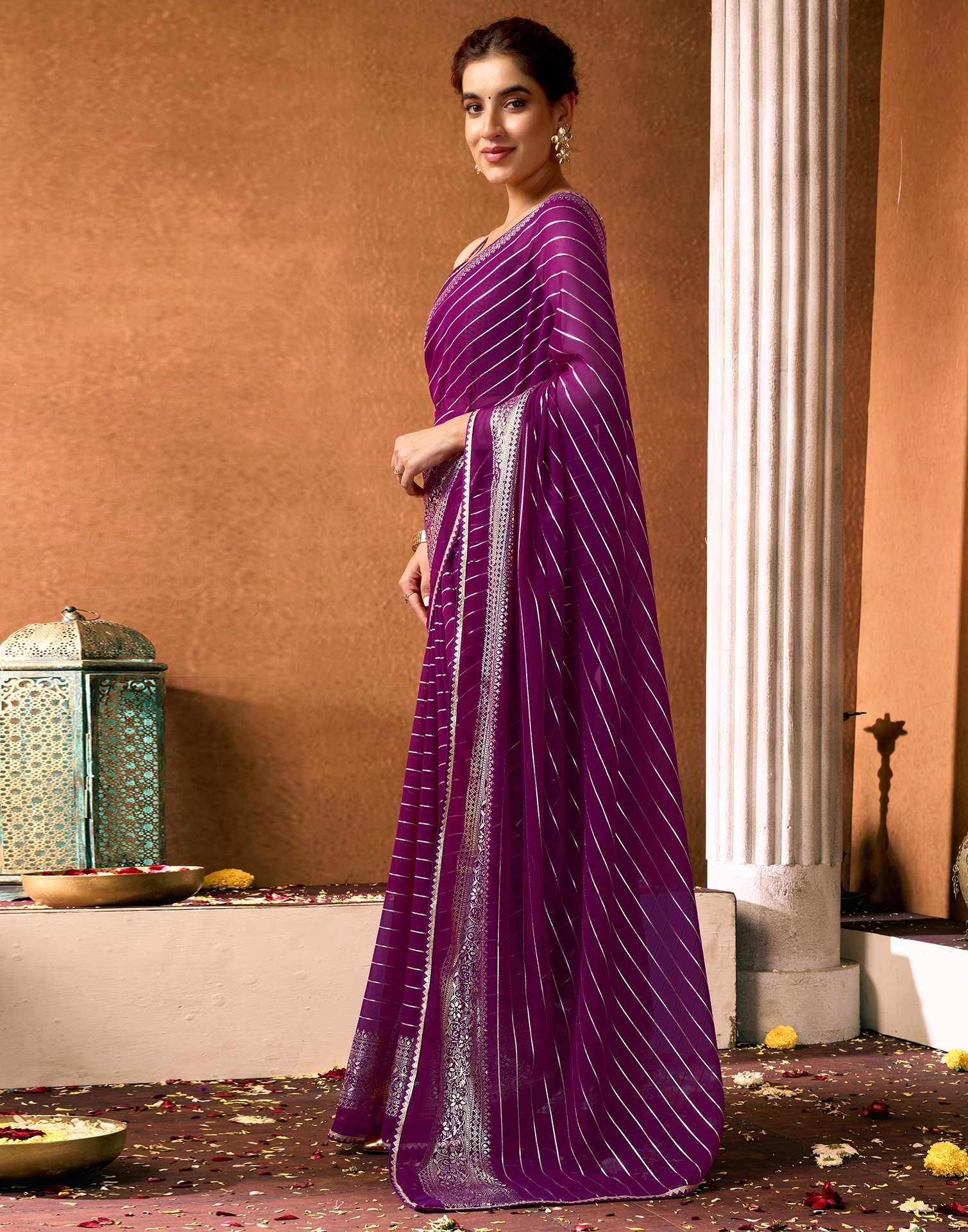 Dark Purple Georgette Foil Printed Saree
