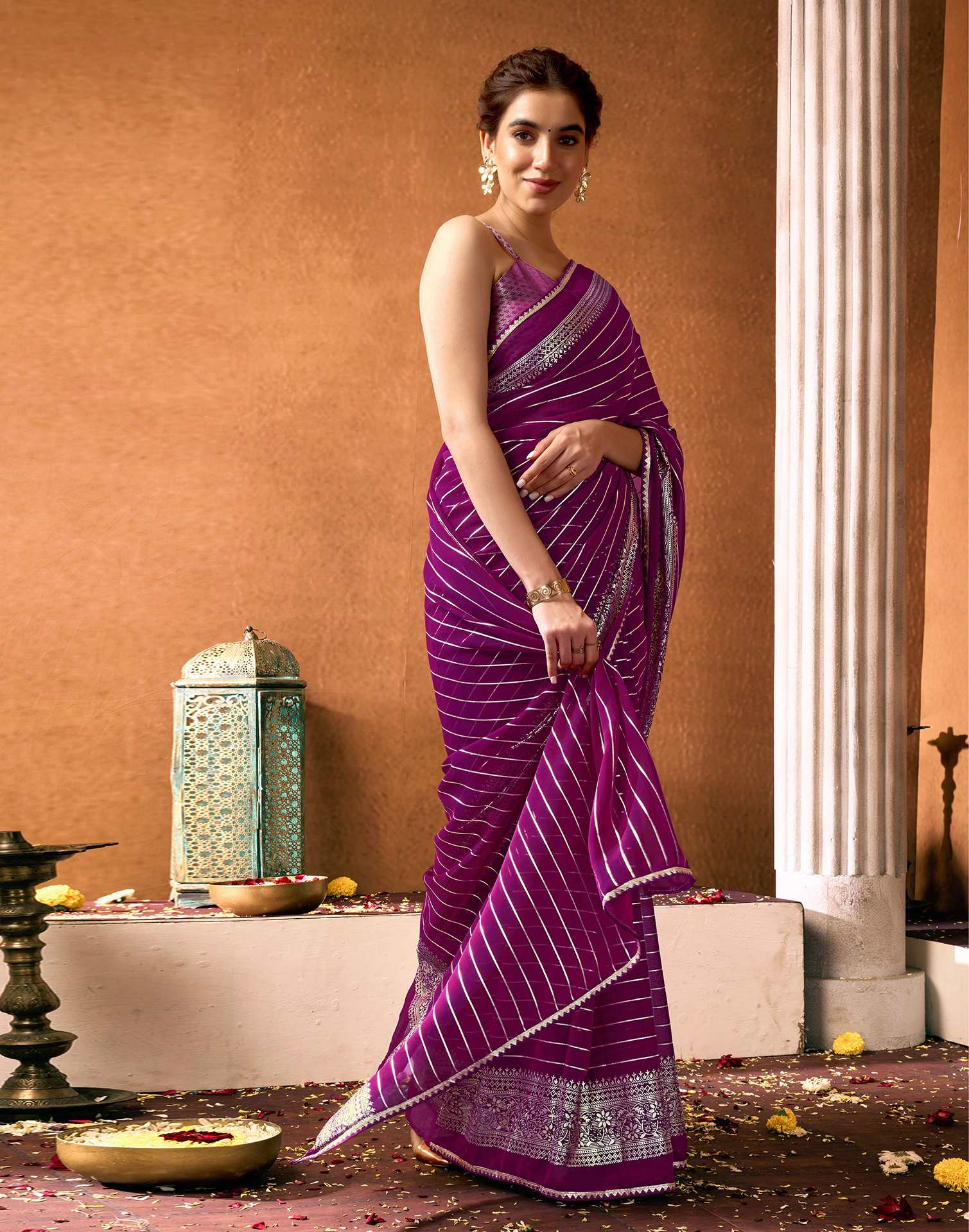 Dark Purple Georgette Foil Printed Saree