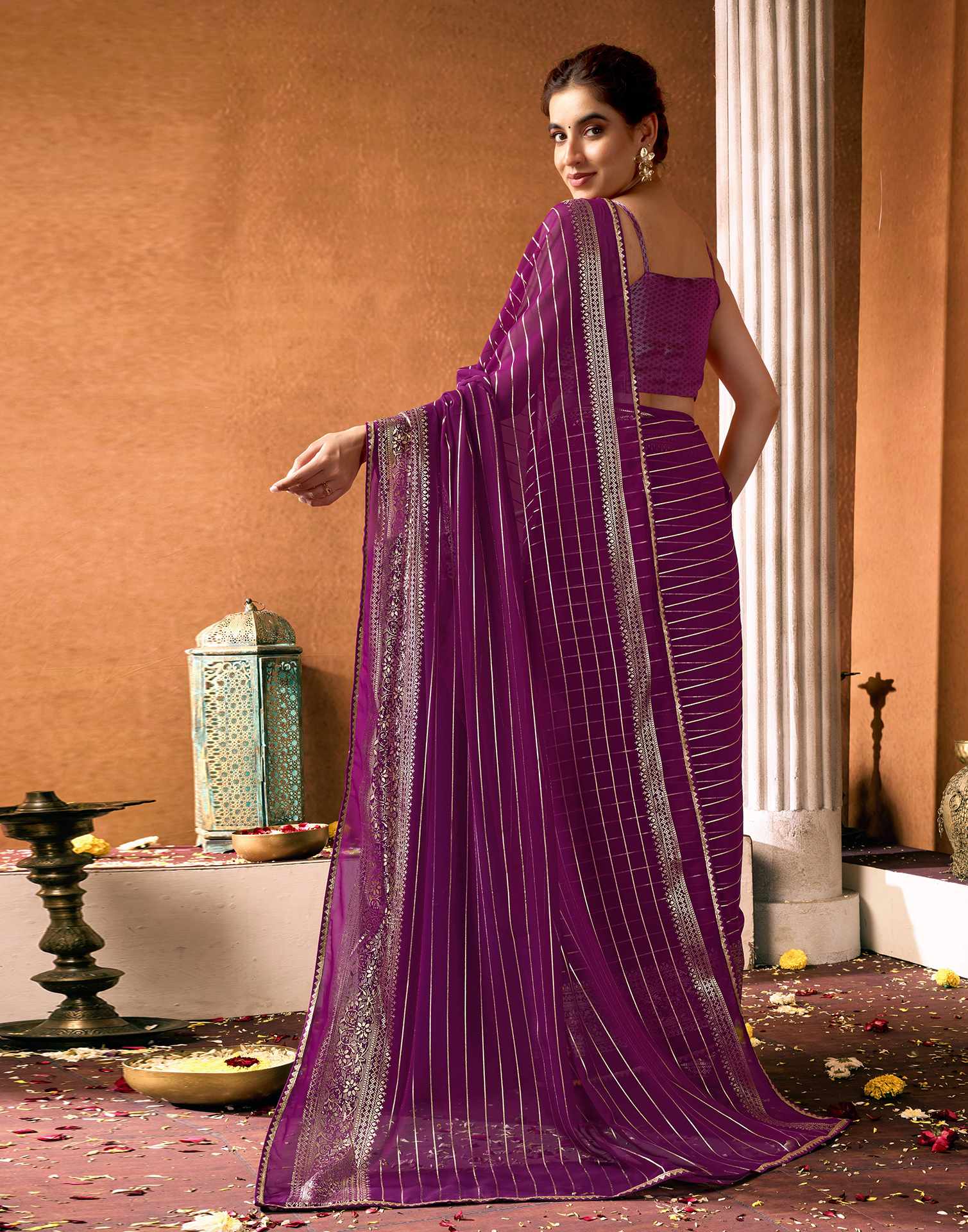 Dark Purple Georgette Foil Printed Saree