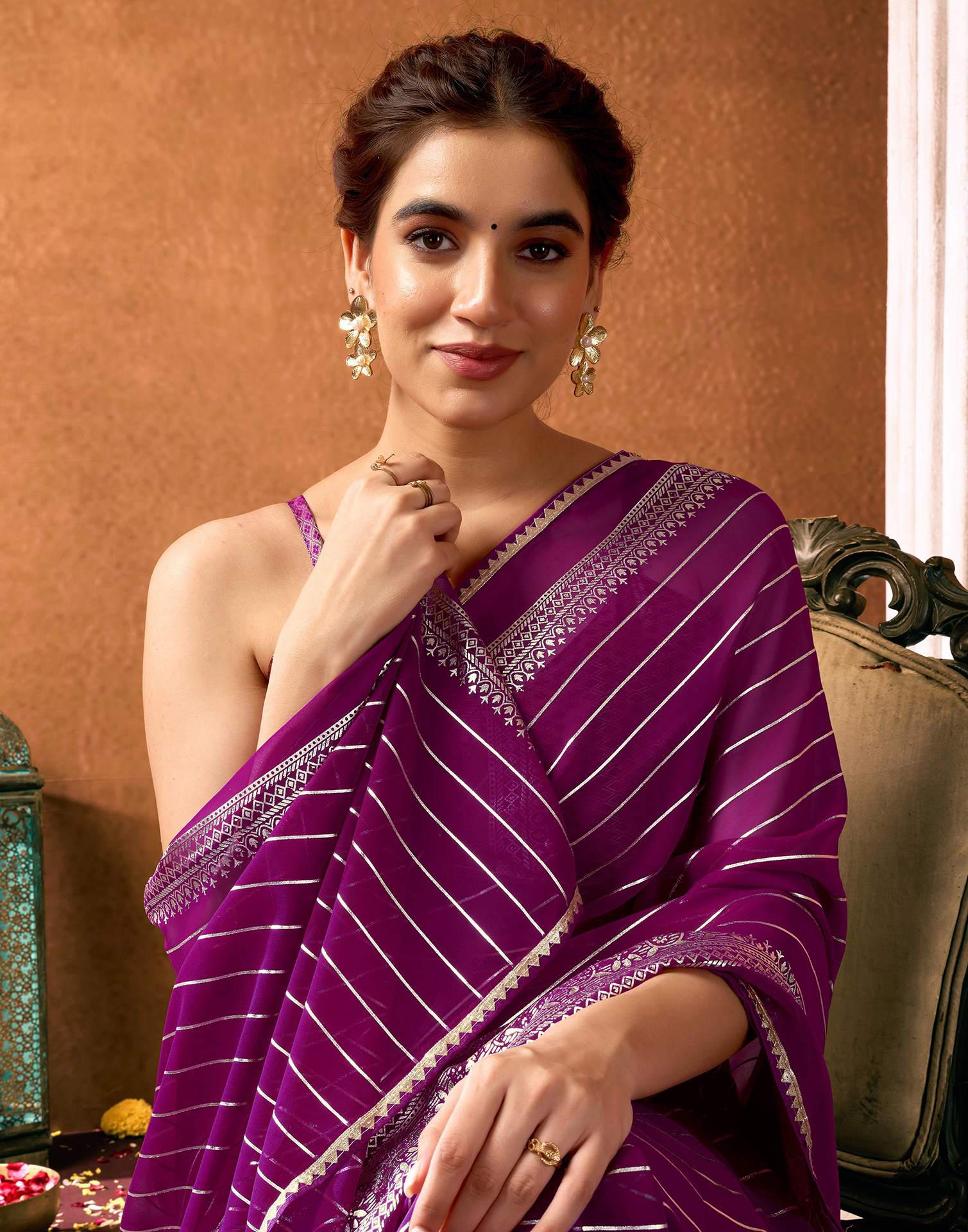 Dark Purple Georgette Foil Printed Saree