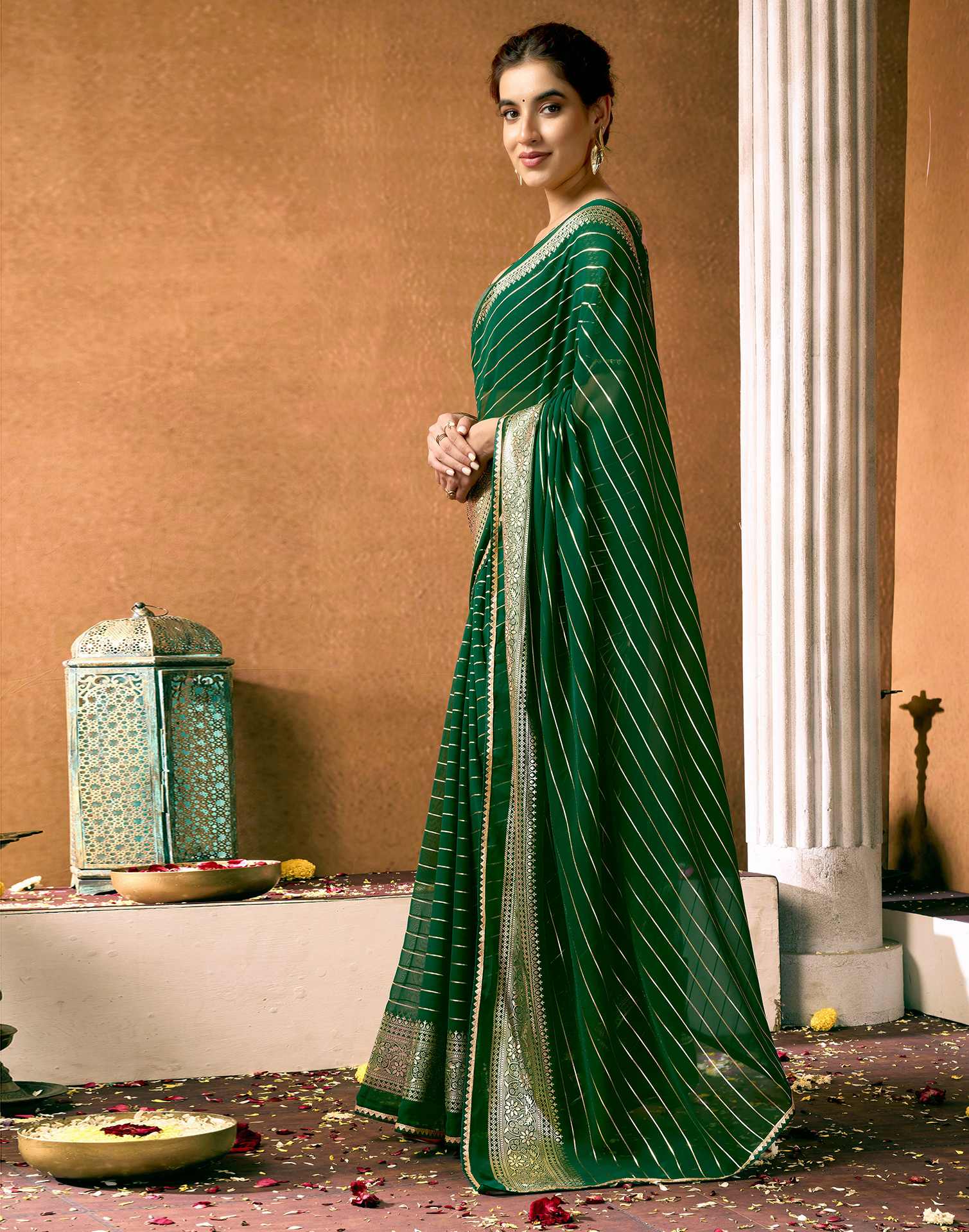 Dark Green Georgette Foil Printed Saree