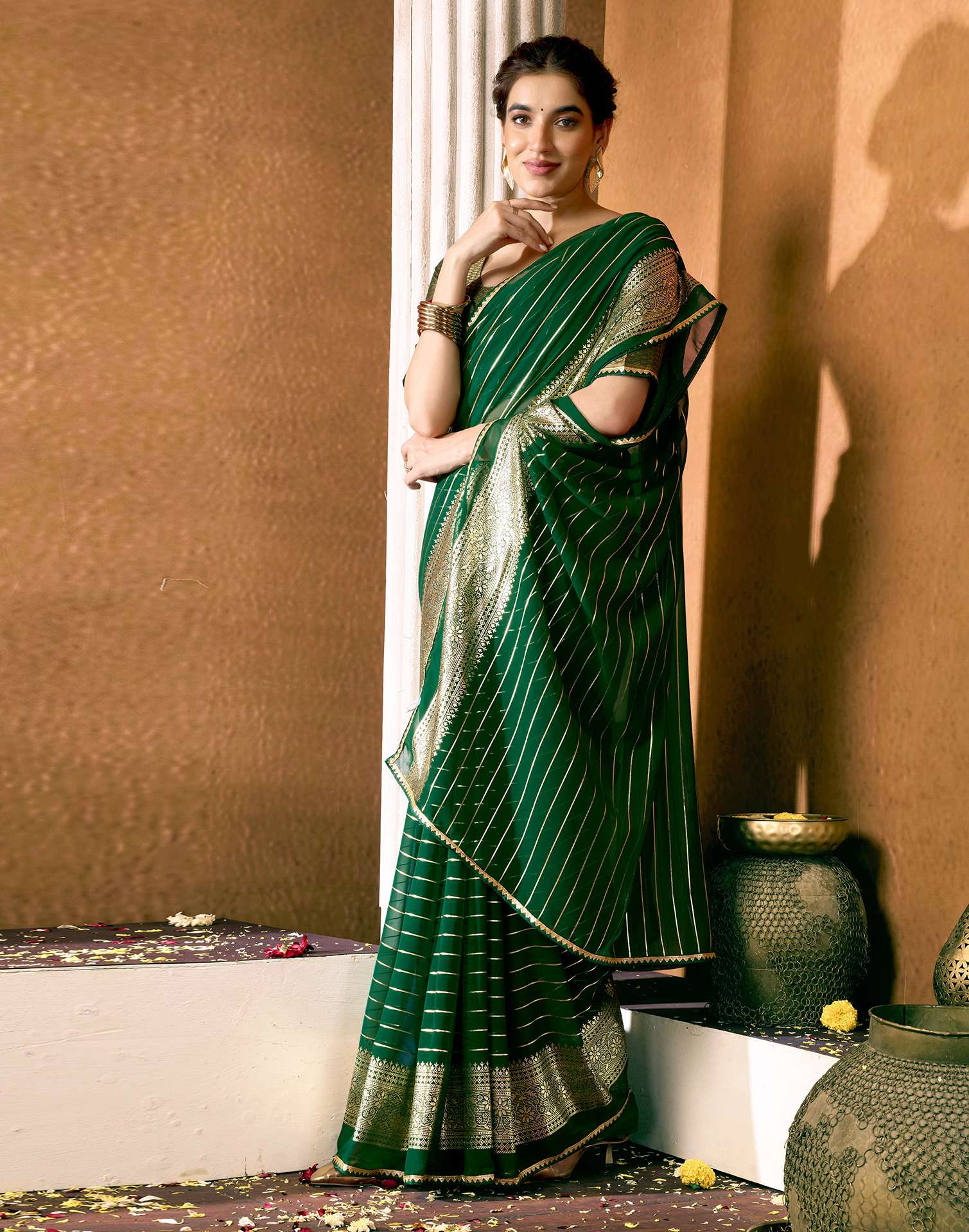 Dark Green Georgette Foil Printed Saree