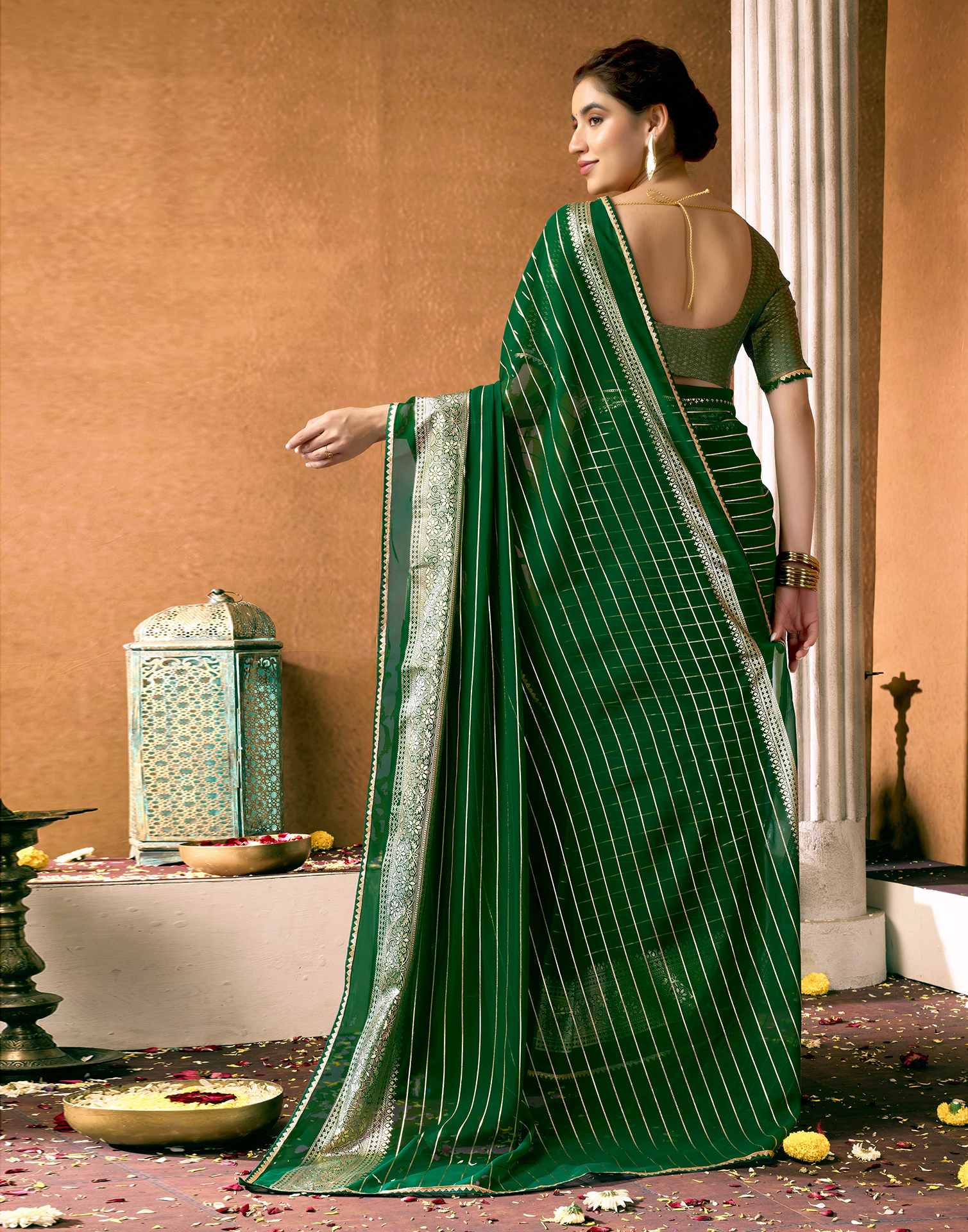 Dark Green Georgette Foil Printed Saree