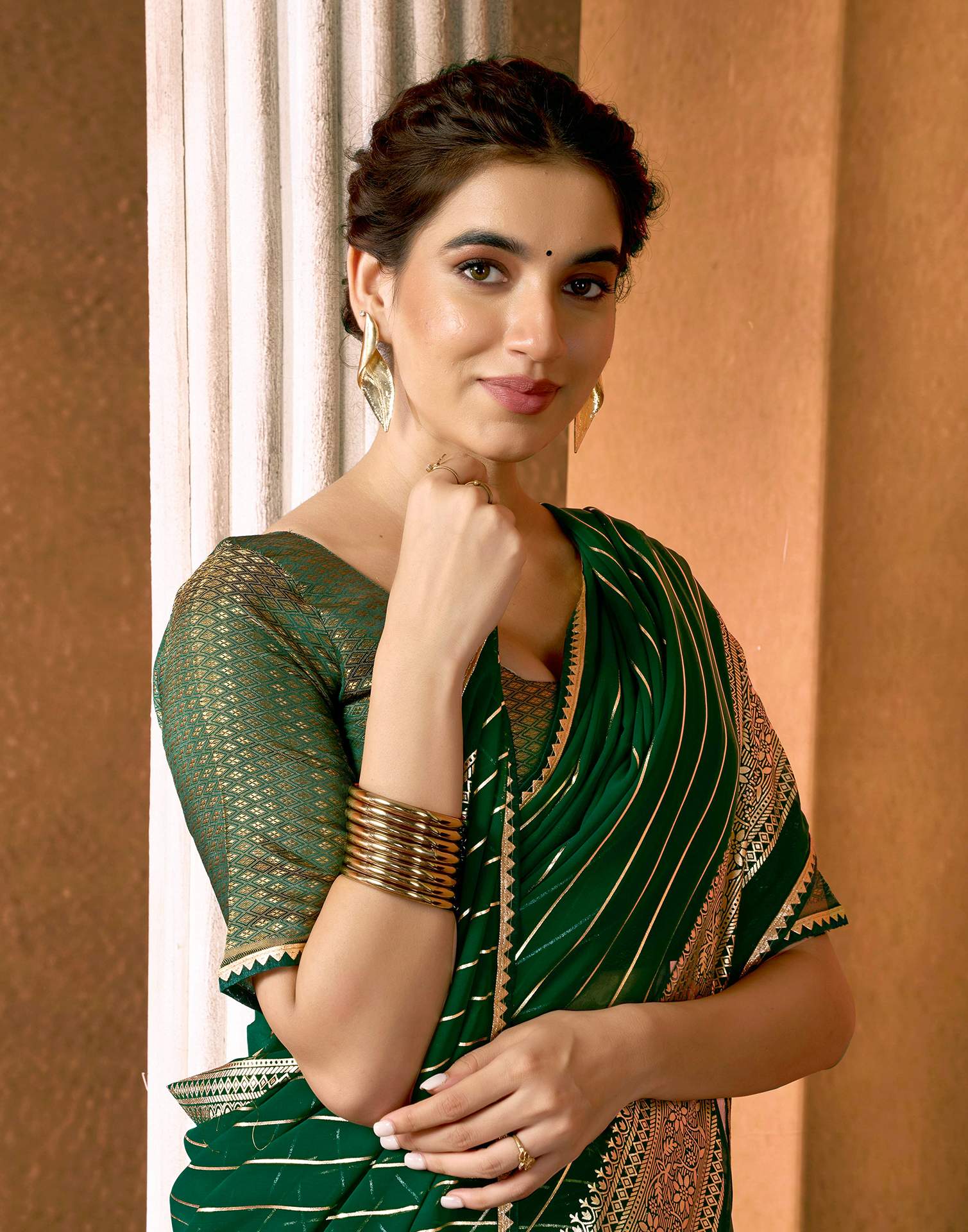 Dark Green Georgette Foil Printed Saree