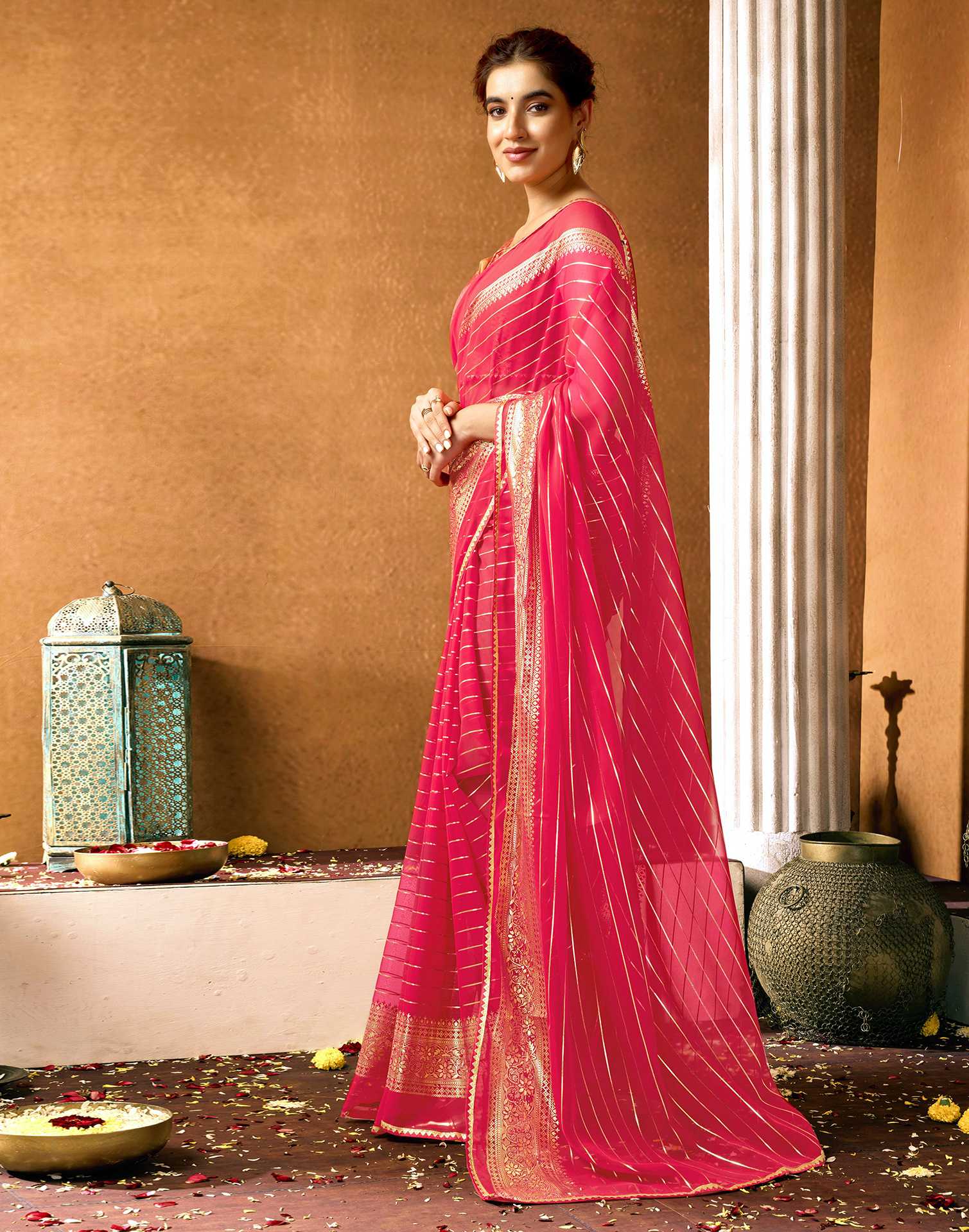 Bright Pink Georgette Foil Printed Saree