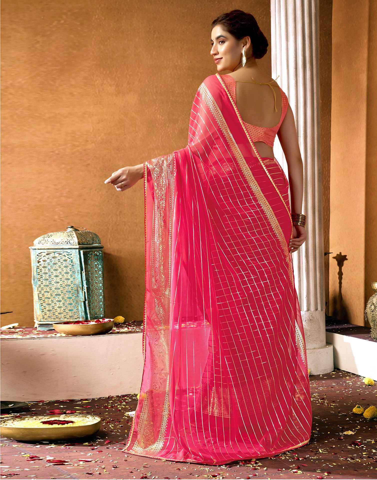 Bright Pink Georgette Foil Printed Saree
