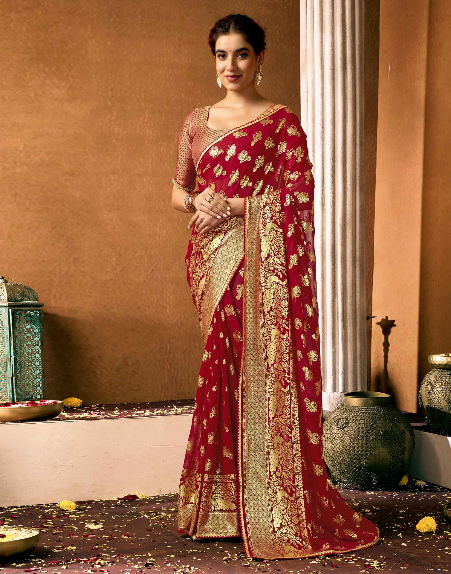 Red Georgette Foil Printed Saree