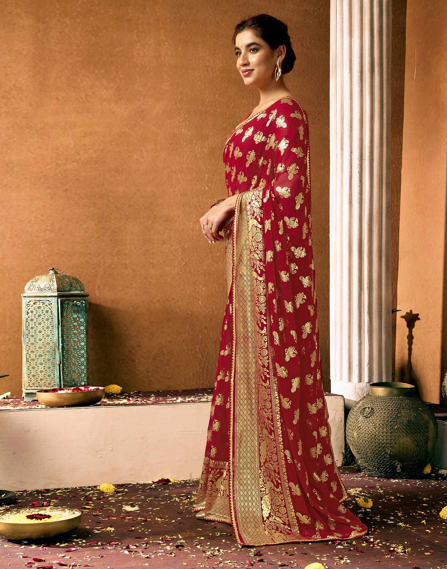 Red Georgette Foil Printed Saree