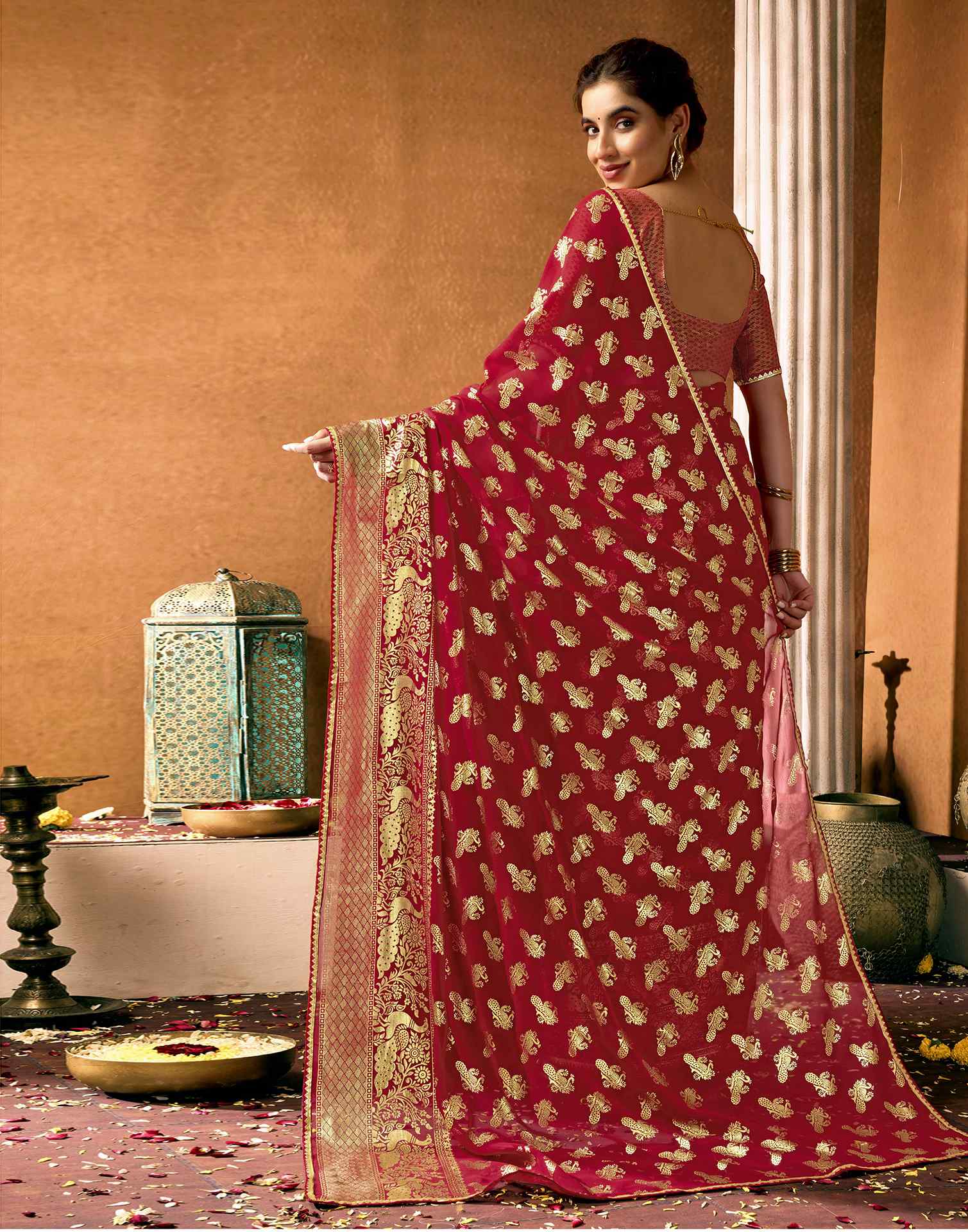 Red Georgette Foil Printed Saree