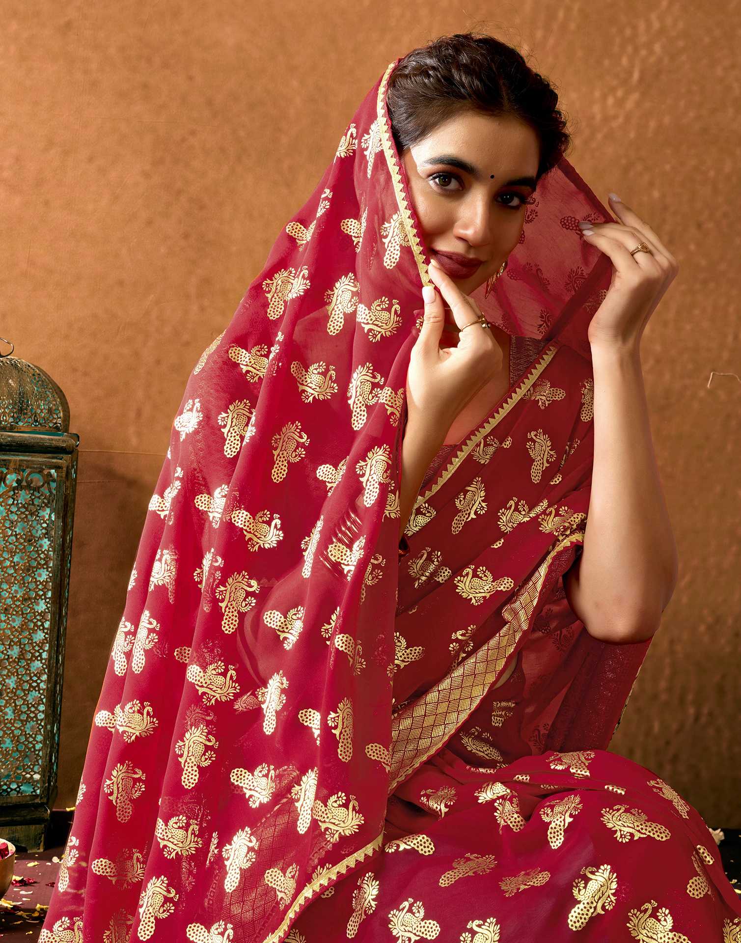 Red Georgette Foil Printed Saree