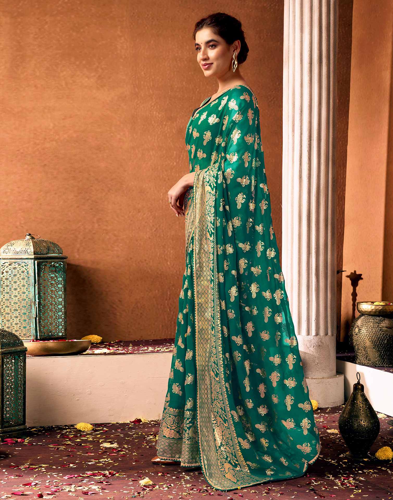 Teal Green Georgette Foil Printed Saree
