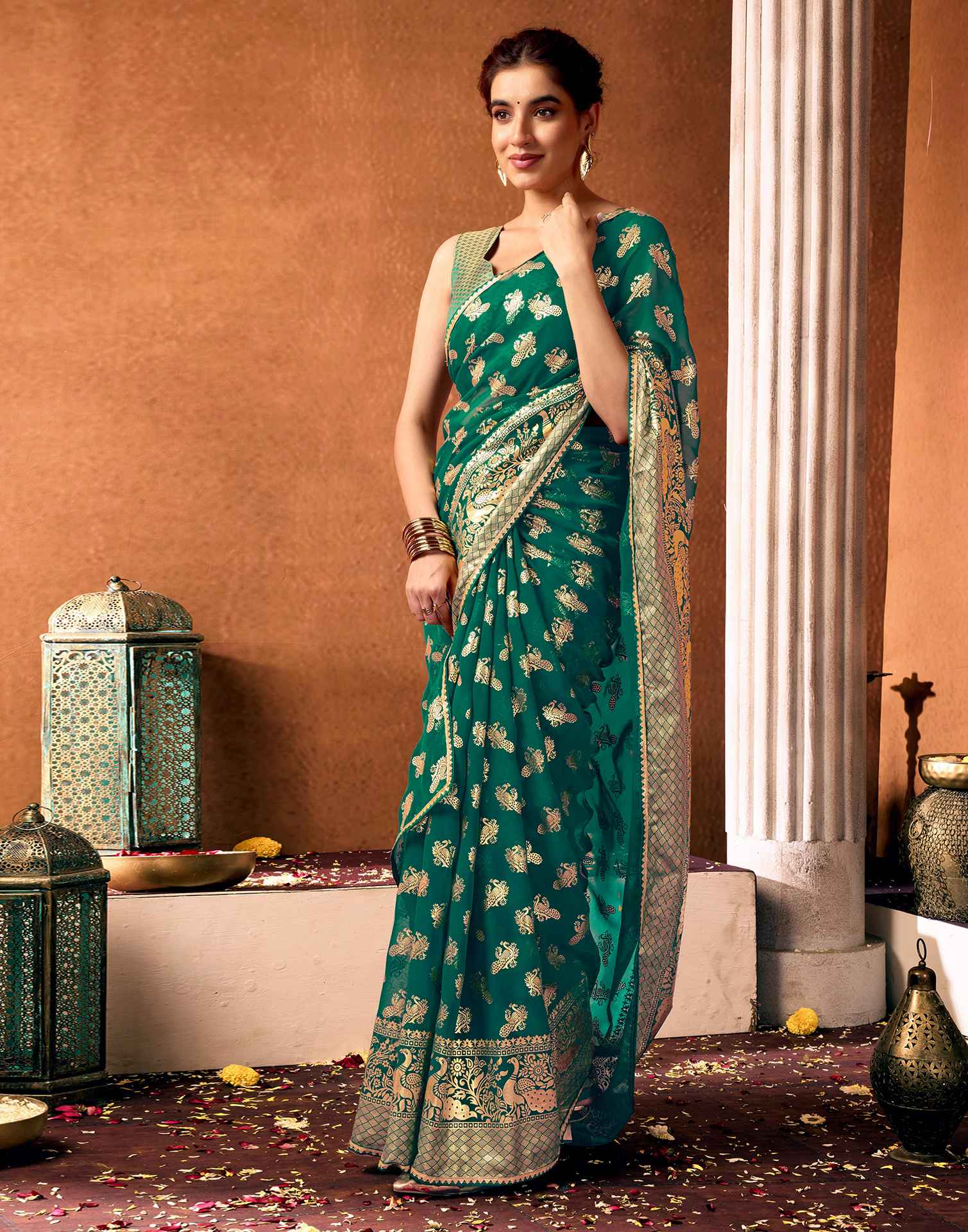 Teal Green Georgette Foil Printed Saree
