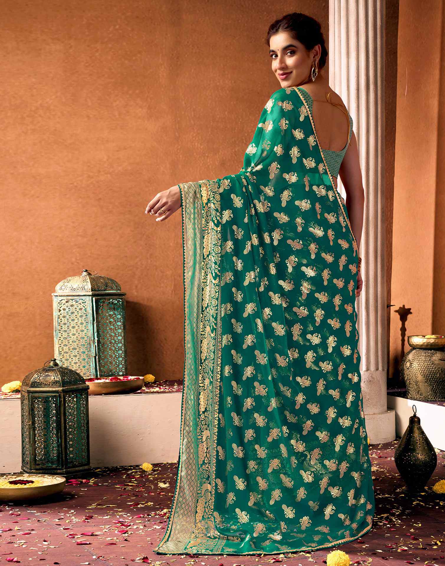Teal Green Georgette Foil Printed Saree