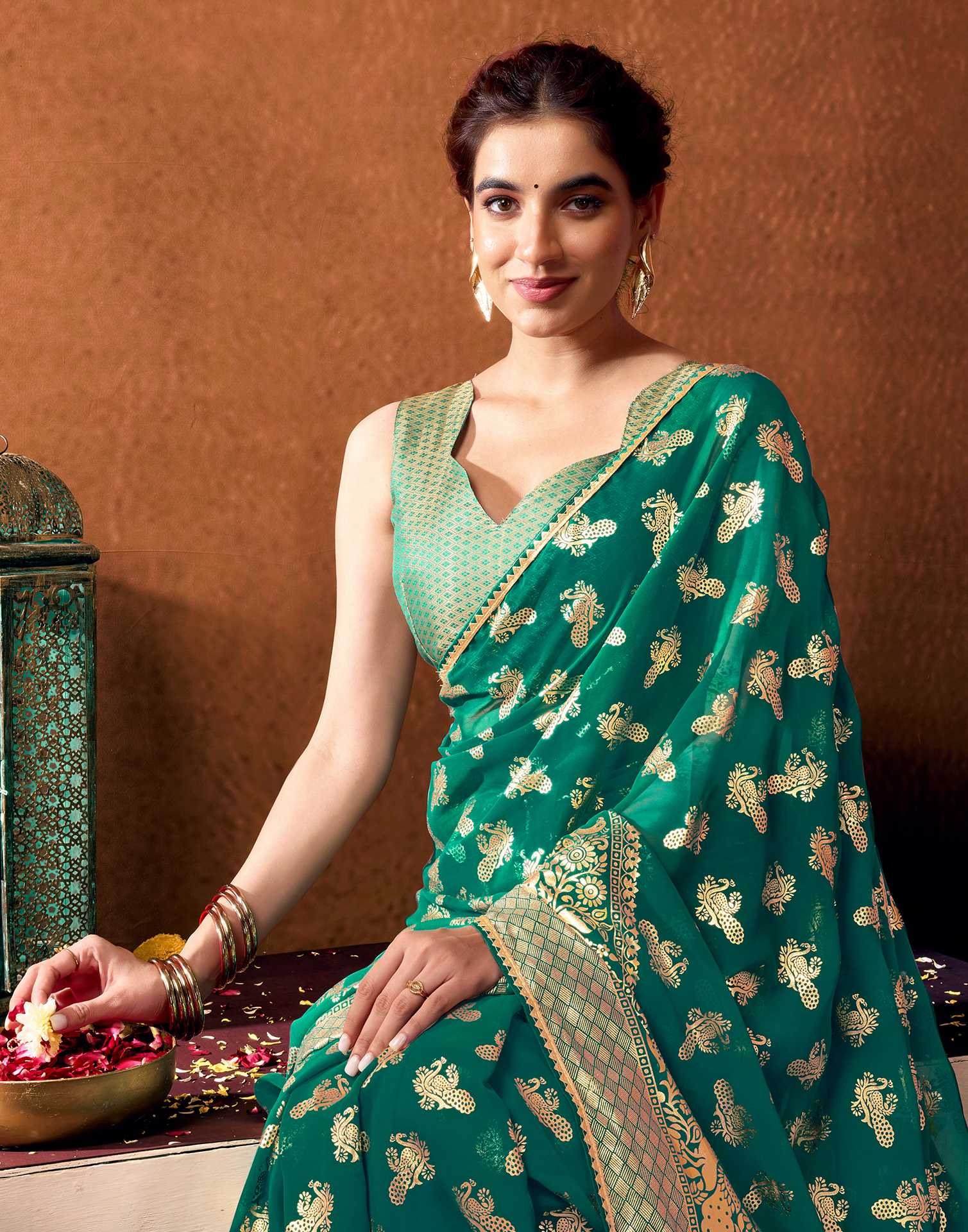 Teal Green Georgette Foil Printed Saree