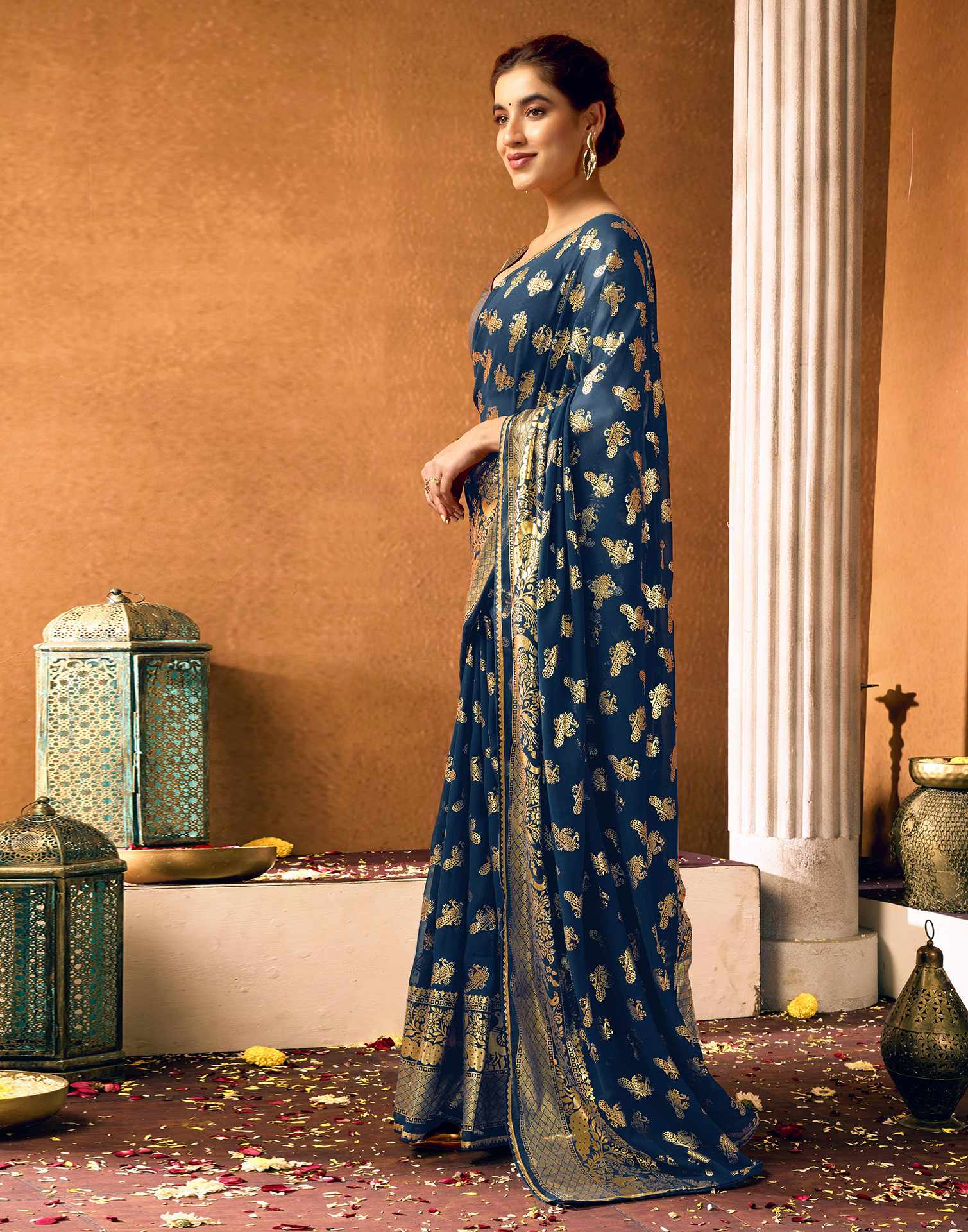 Rama Blue Georgette Foil Printed Saree