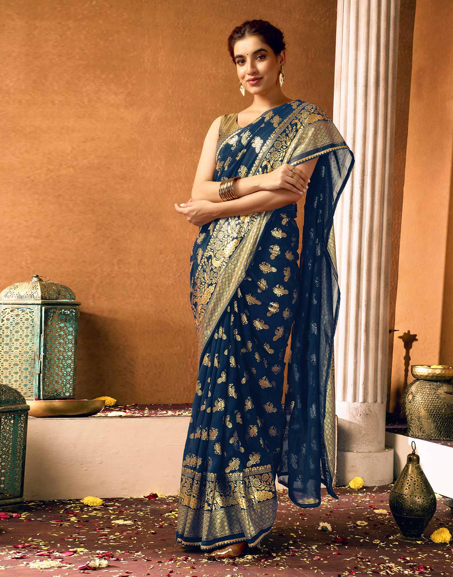 Rama Blue Georgette Foil Printed Saree