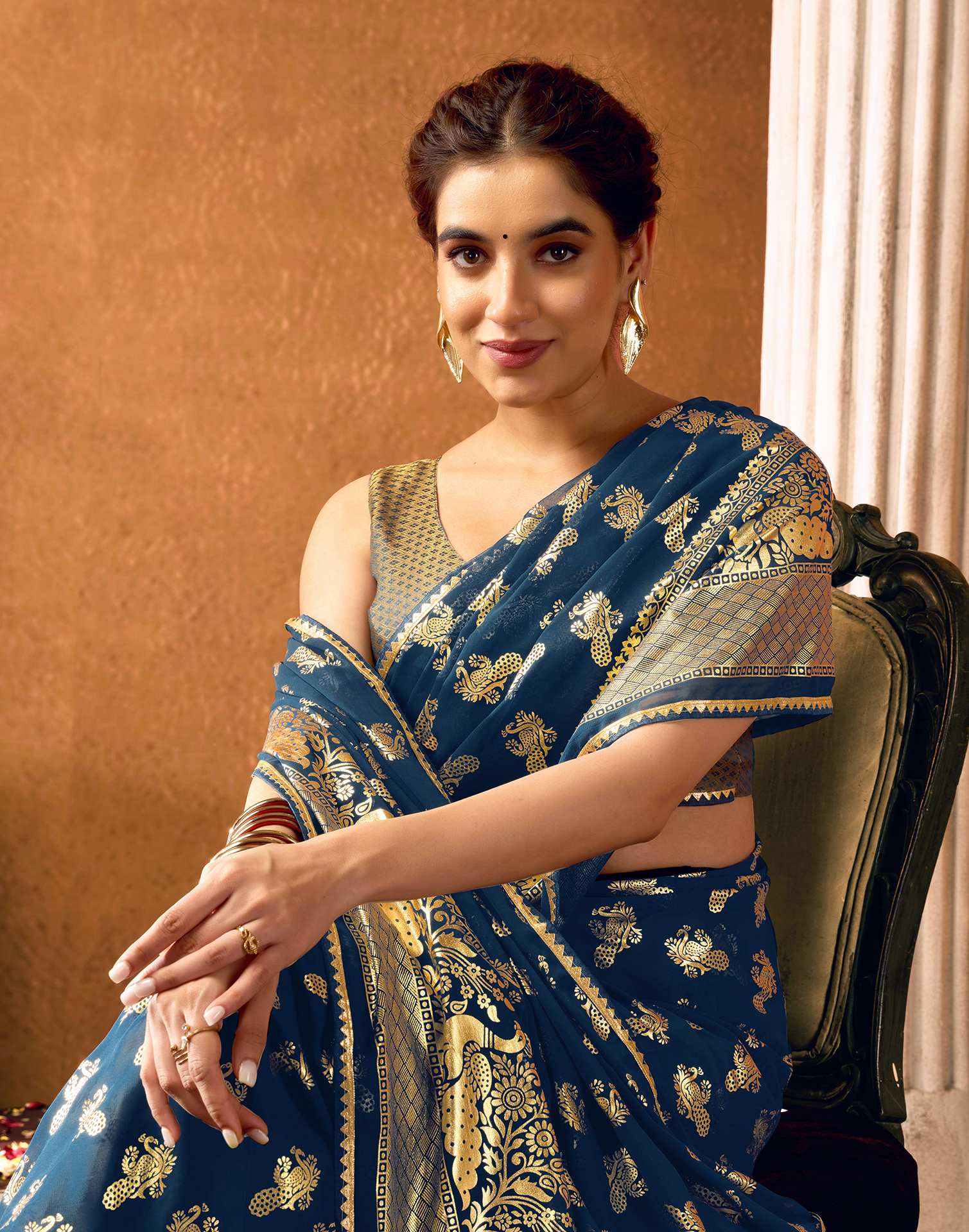 Rama Blue Georgette Foil Printed Saree