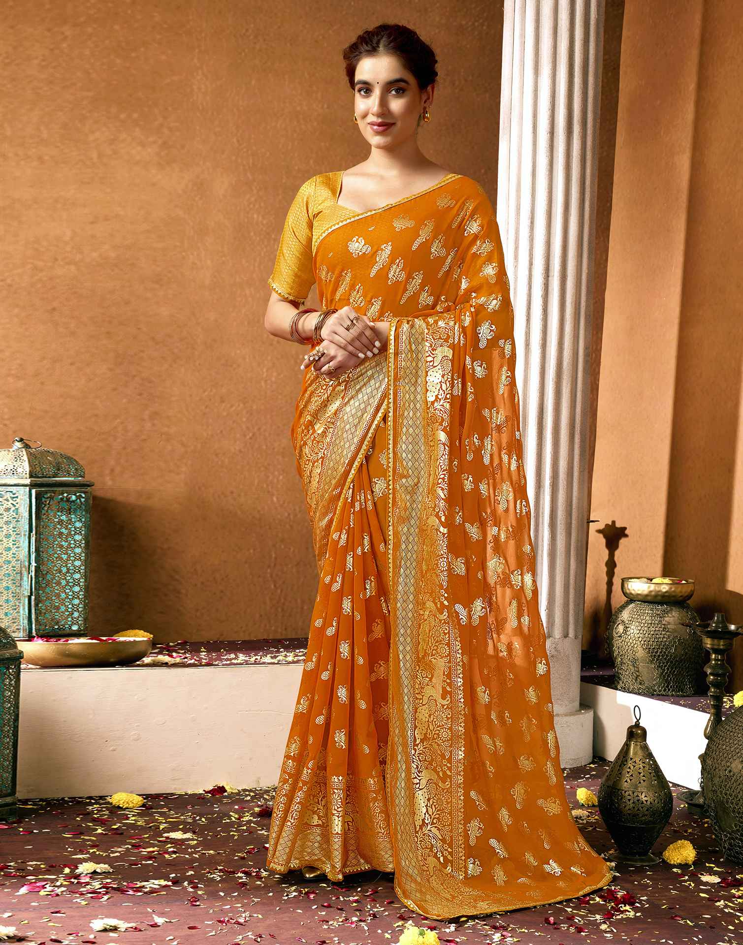 Yellow Georgette Foil Printed Saree