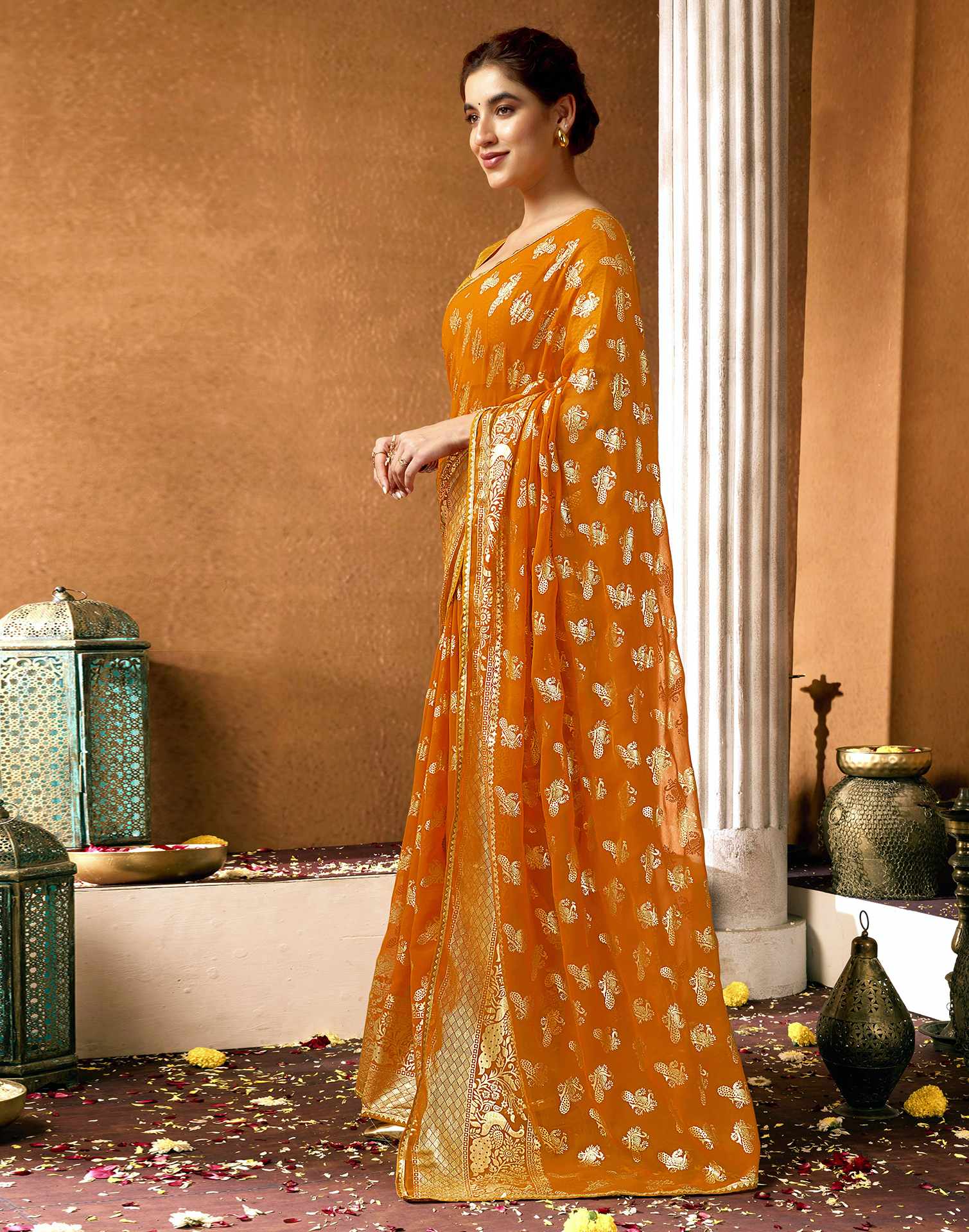 Yellow Georgette Foil Printed Saree