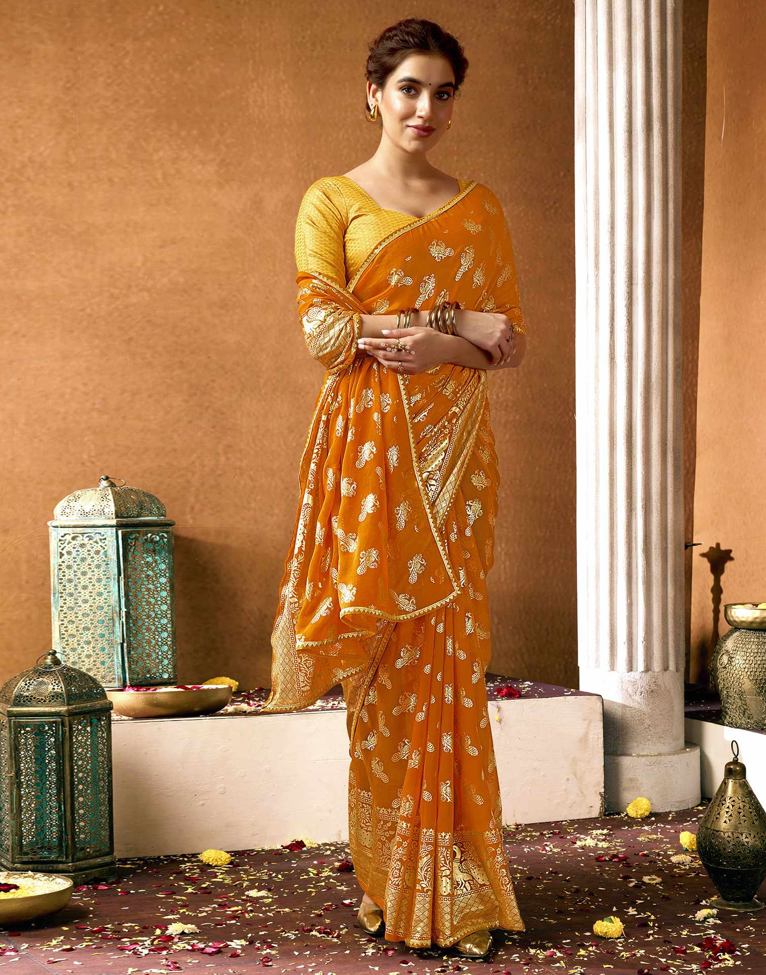 Yellow Georgette Foil Printed Saree