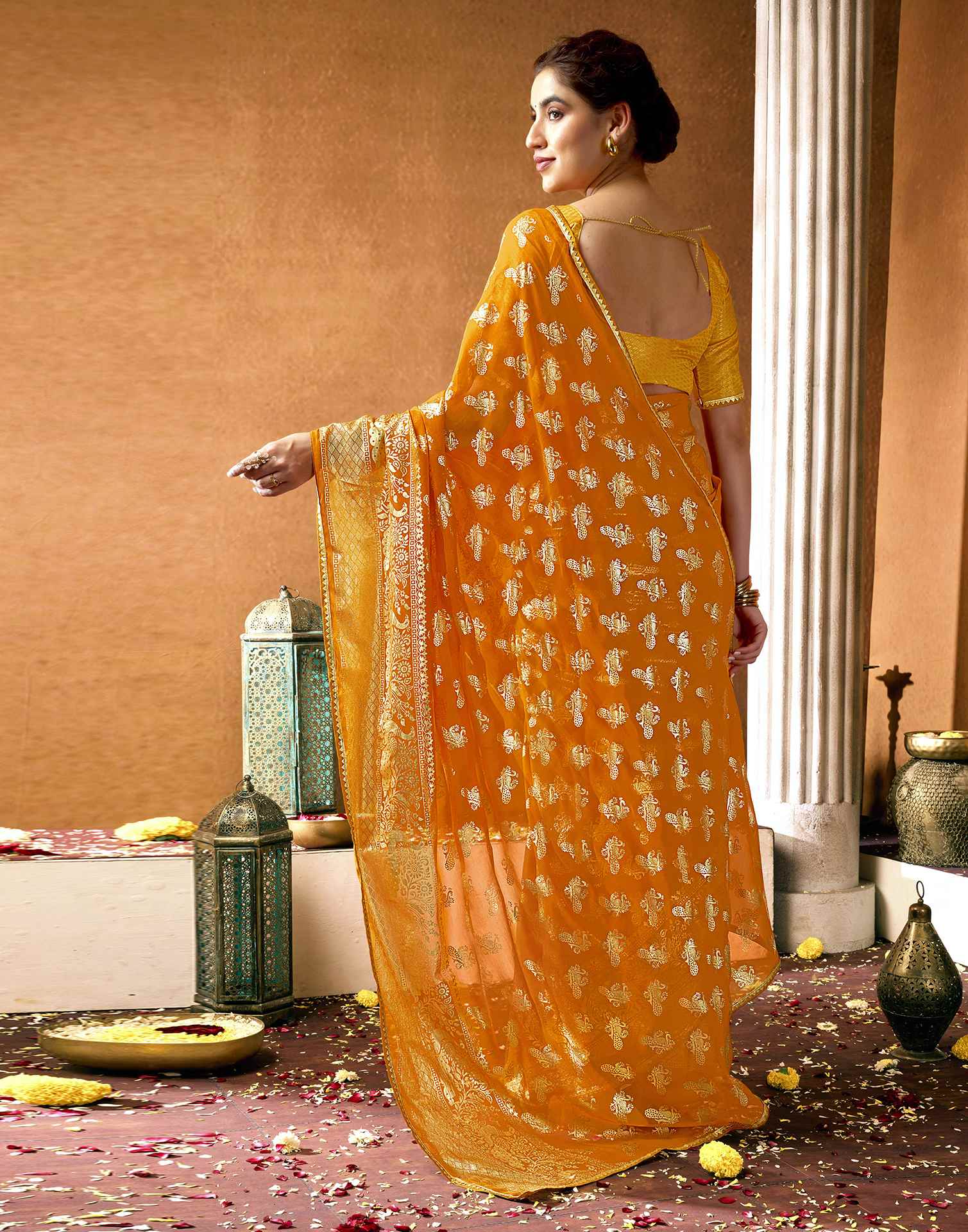 Yellow Georgette Foil Printed Saree
