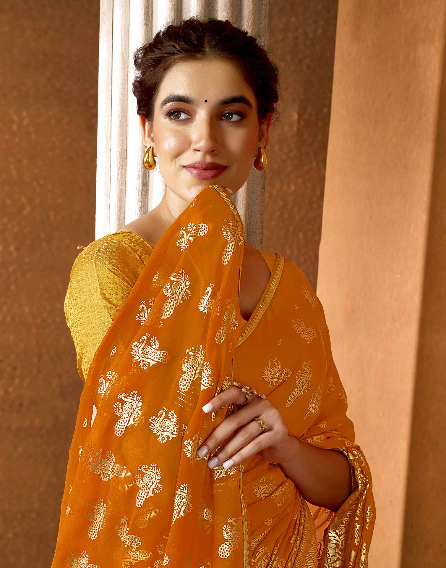 Yellow Georgette Foil Printed Saree