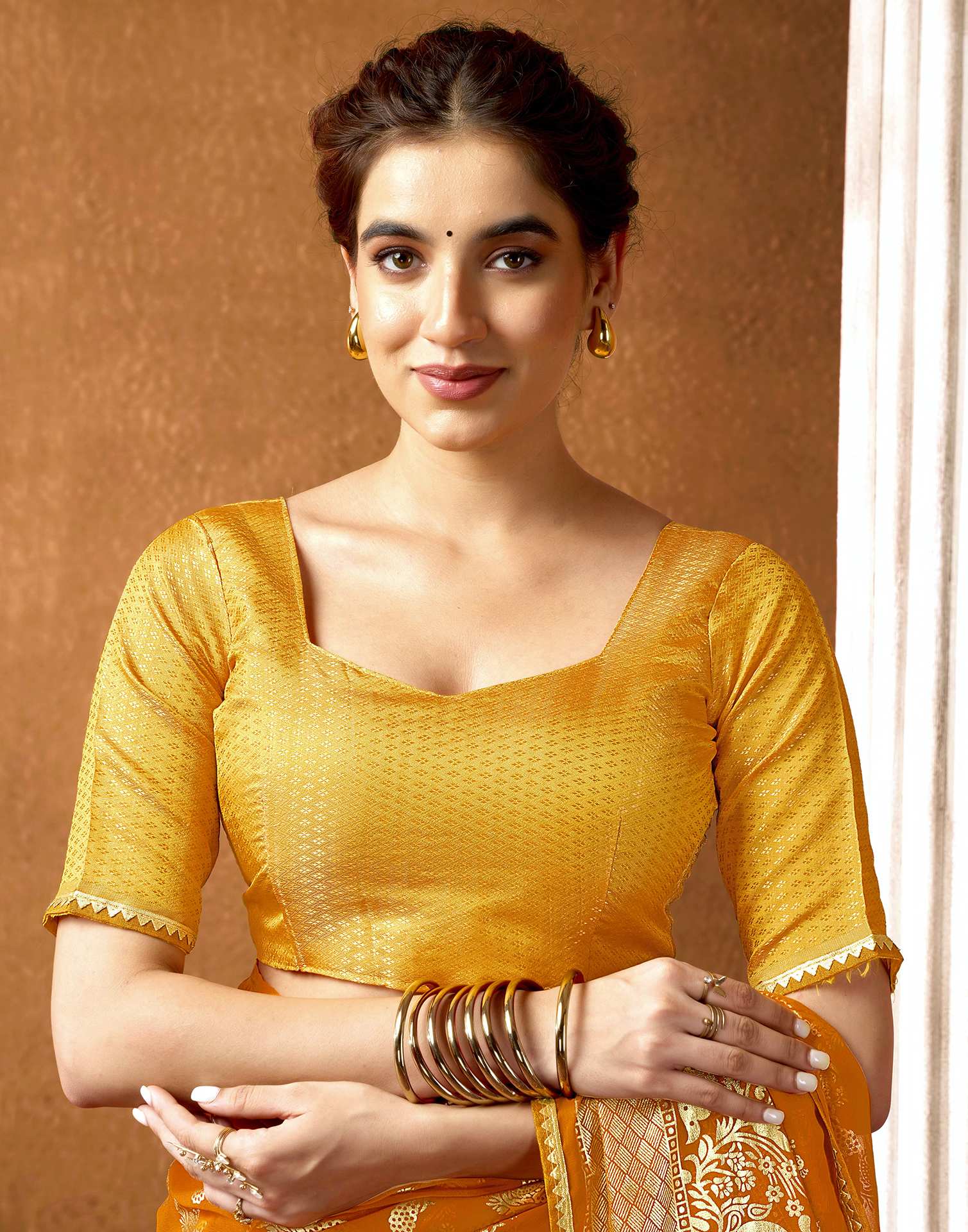 Yellow Georgette Foil Printed Saree