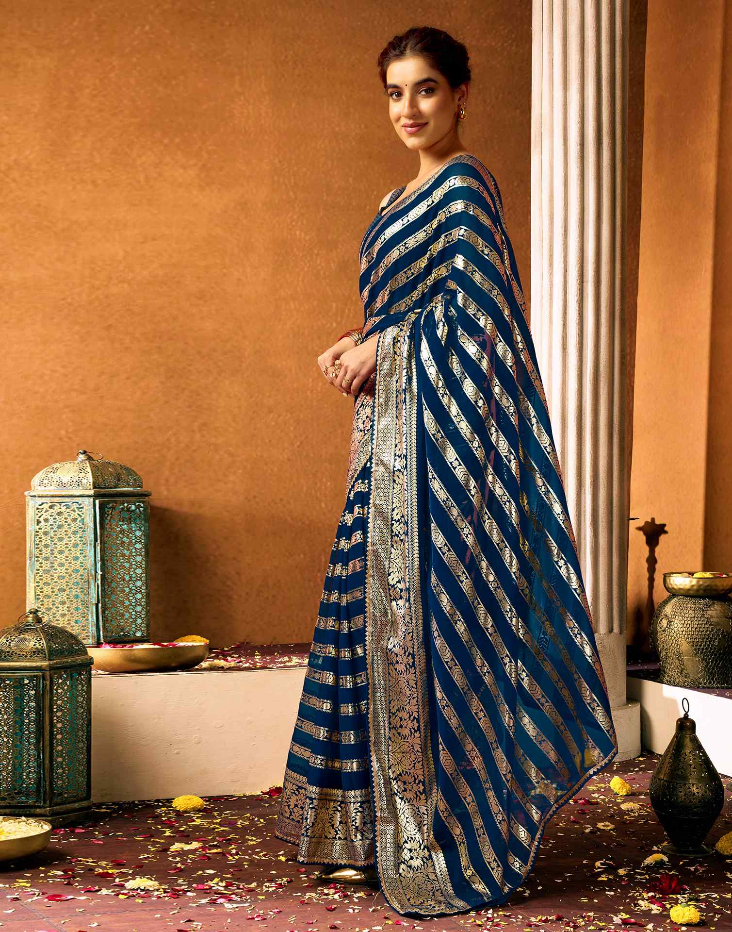 Rama Blue Georgette Foil Printed Saree