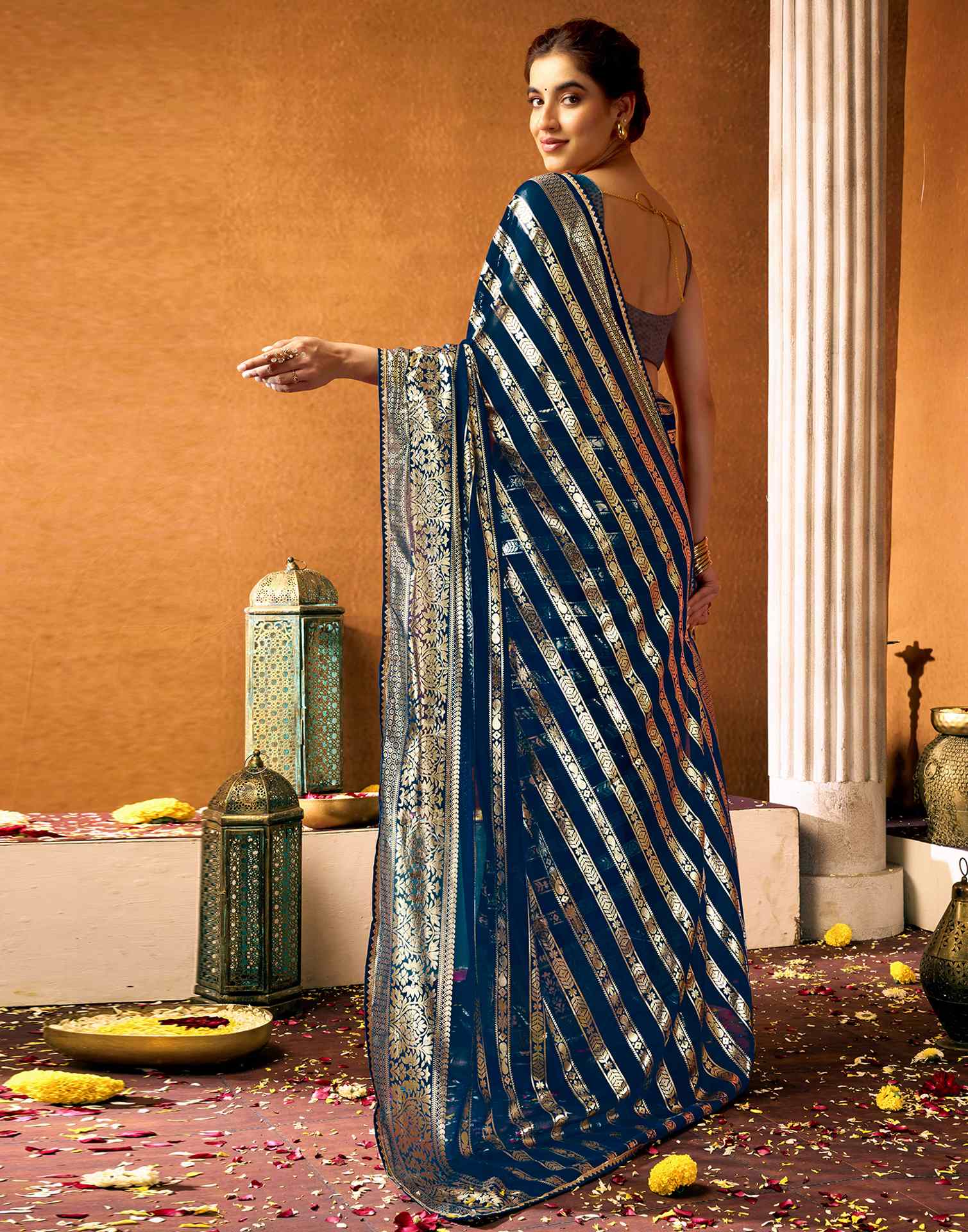 Rama Blue Georgette Foil Printed Saree