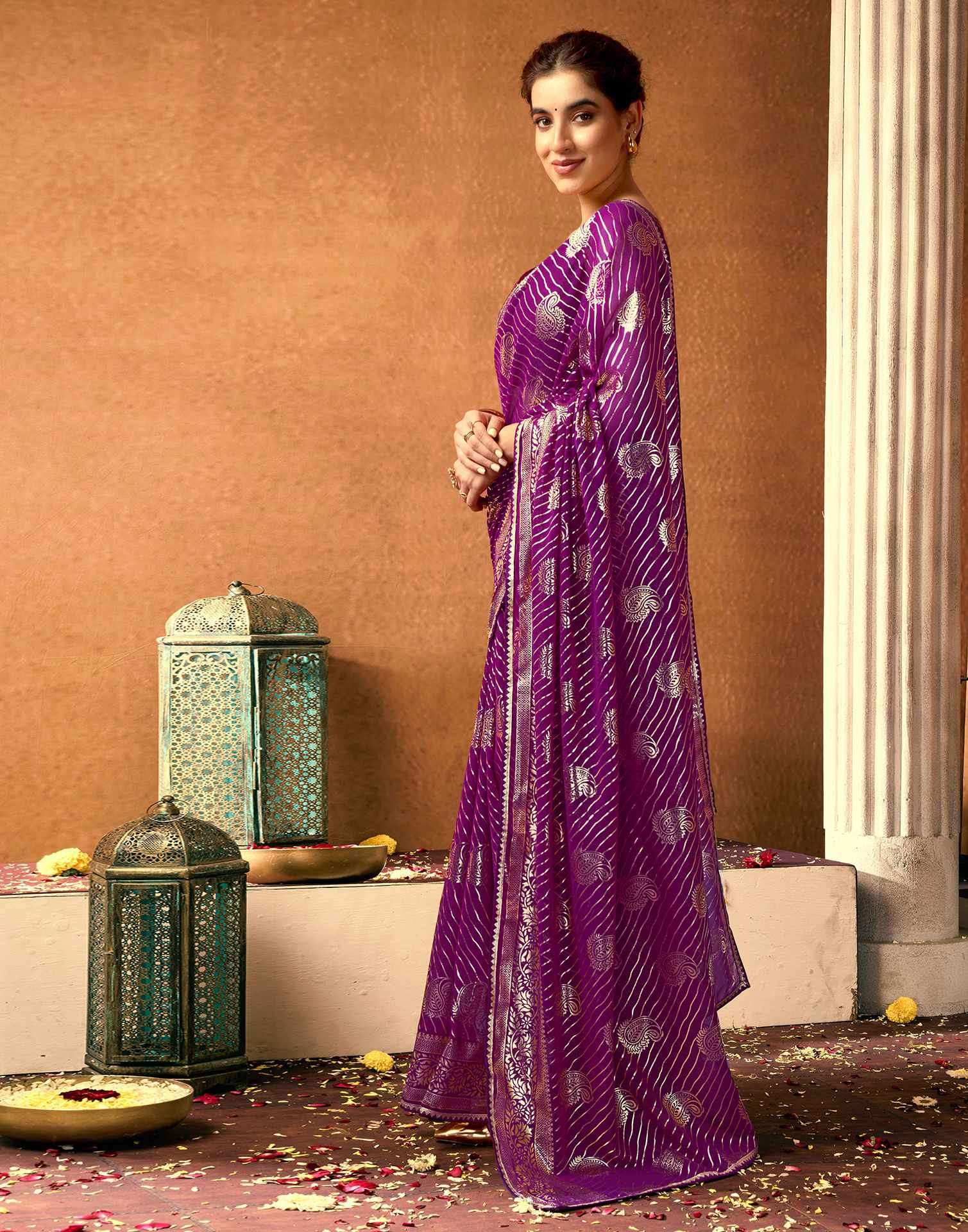 Dark Purple Georgette Foil Printed Saree