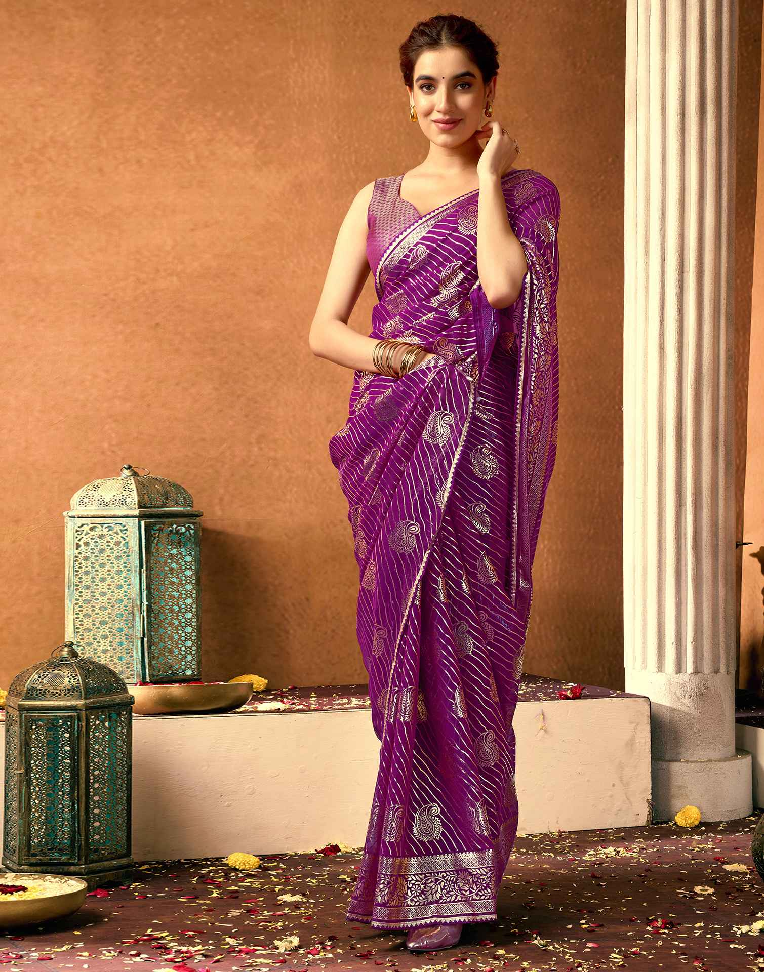 Dark Purple Georgette Foil Printed Saree