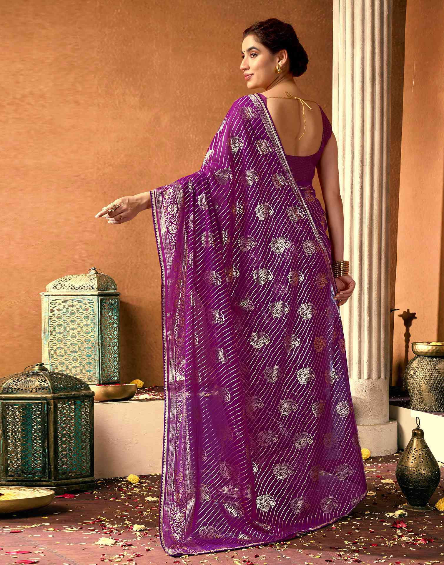 Dark Purple Georgette Foil Printed Saree