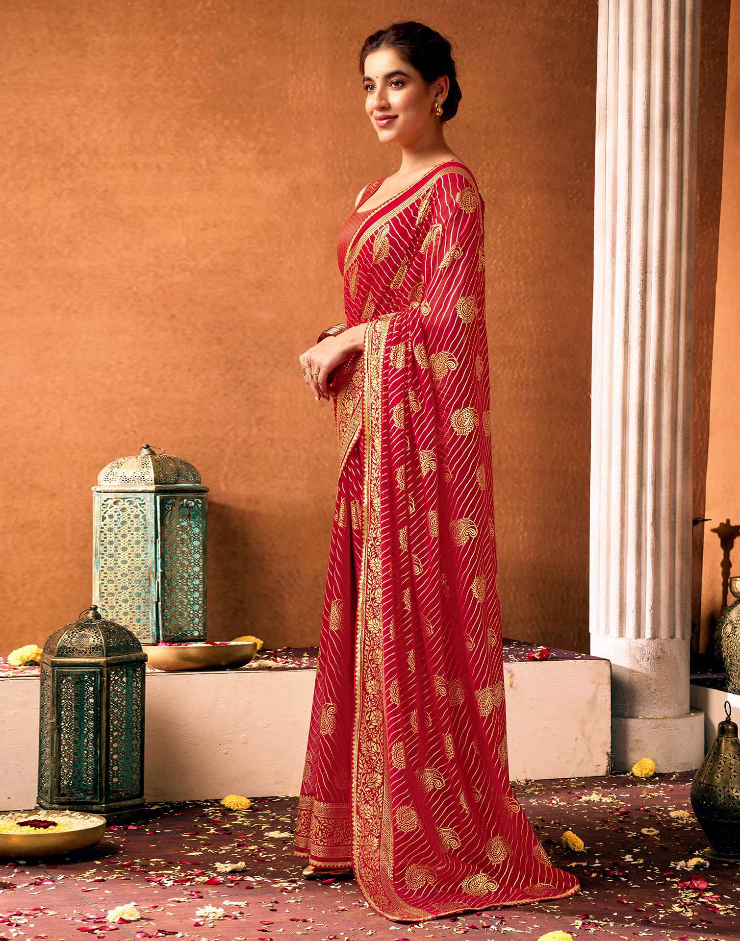 Red Georgette Foil Printed Saree