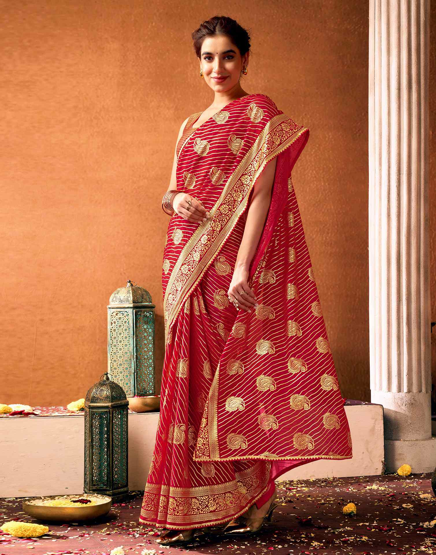 Red Georgette Foil Printed Saree