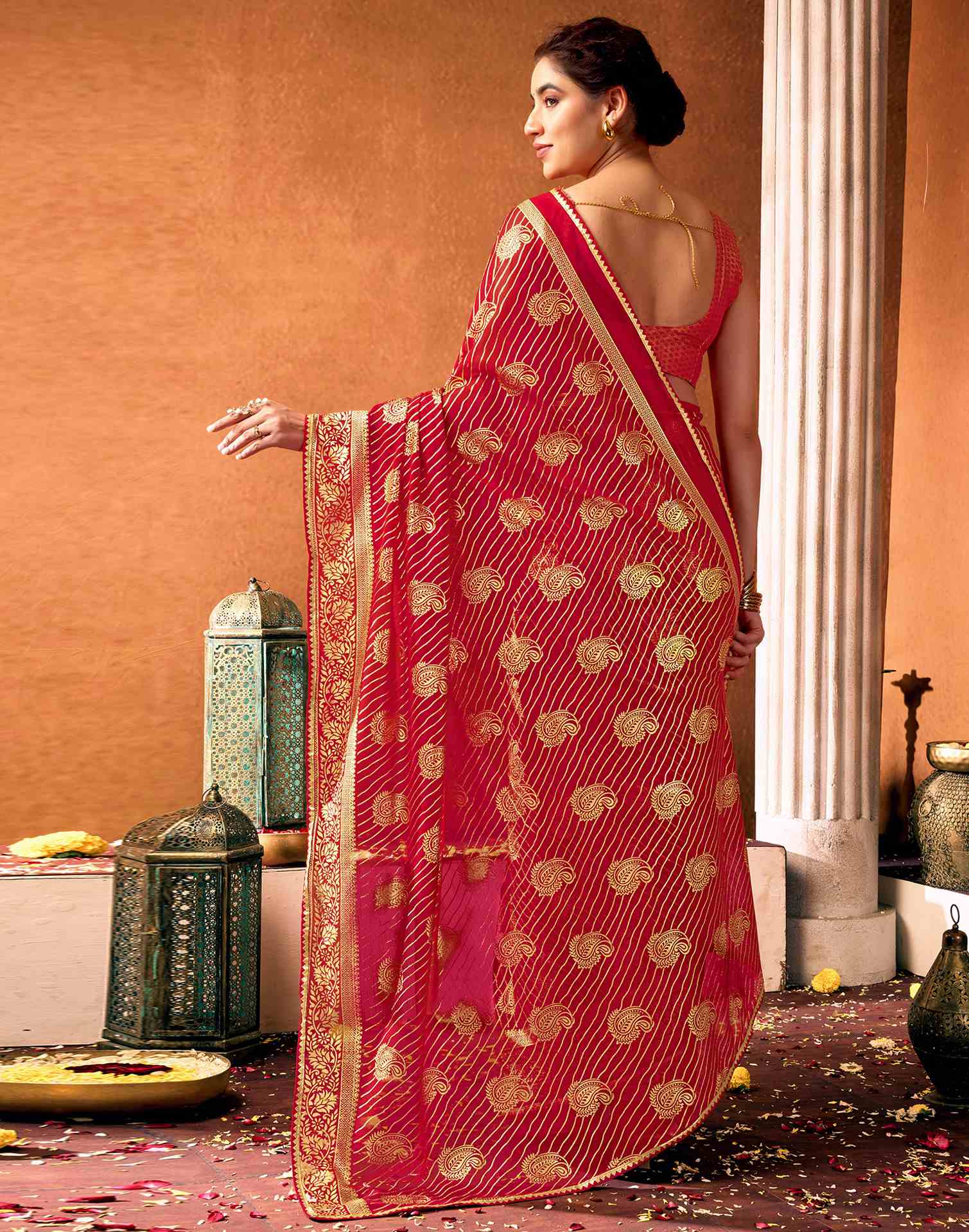 Red Georgette Foil Printed Saree