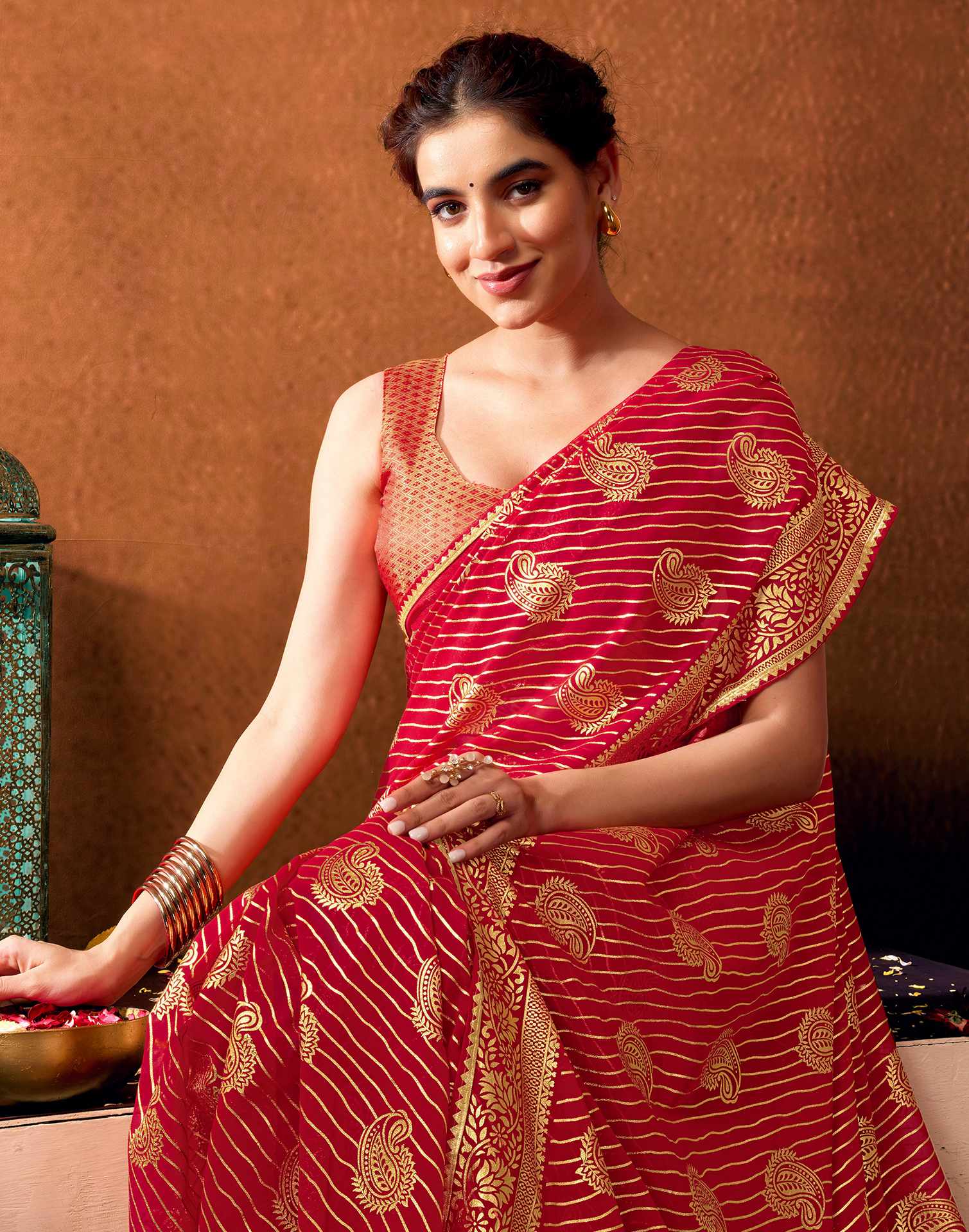 Red Georgette Foil Printed Saree