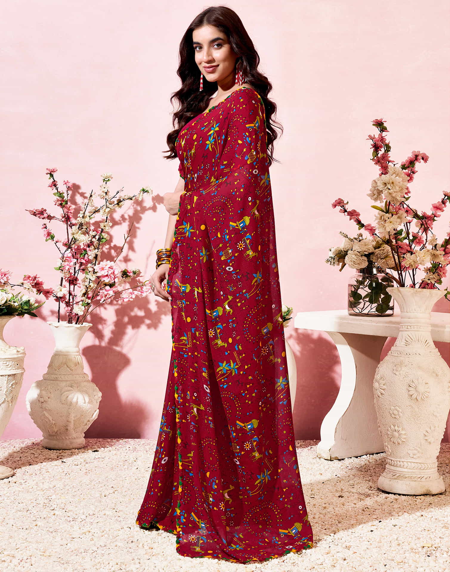 Red Georgette Warli Printed Saree