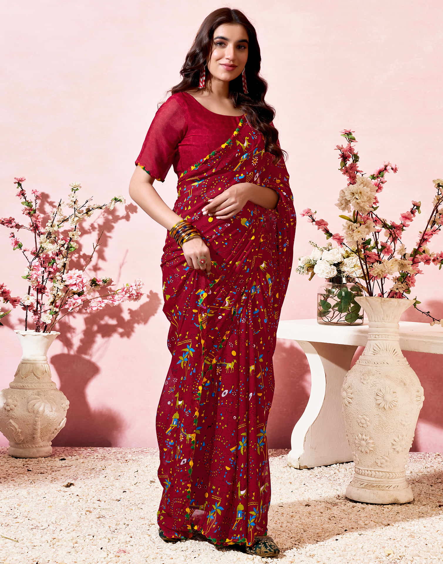Red Georgette Warli Printed Saree