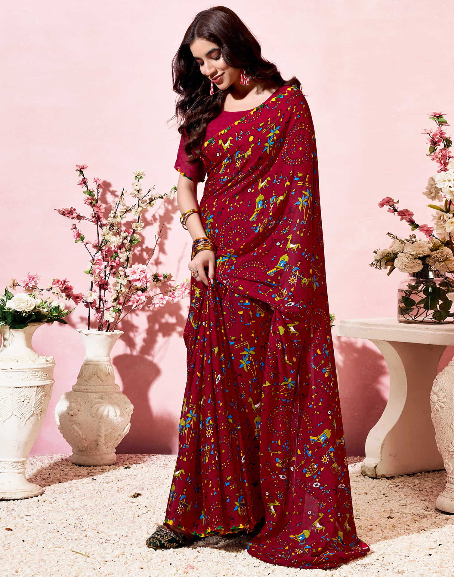 Red Georgette Warli Printed Saree