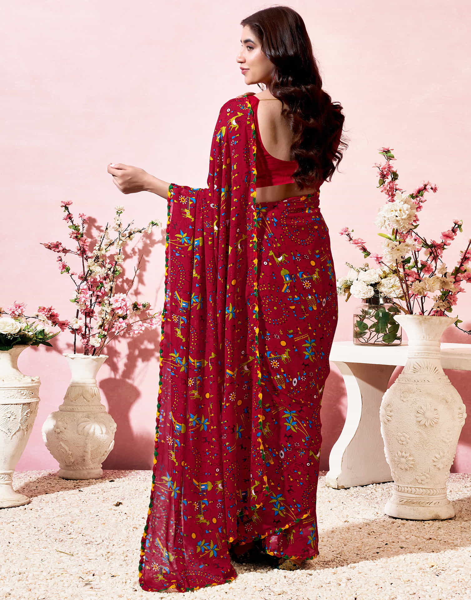 Red Georgette Warli Printed Saree