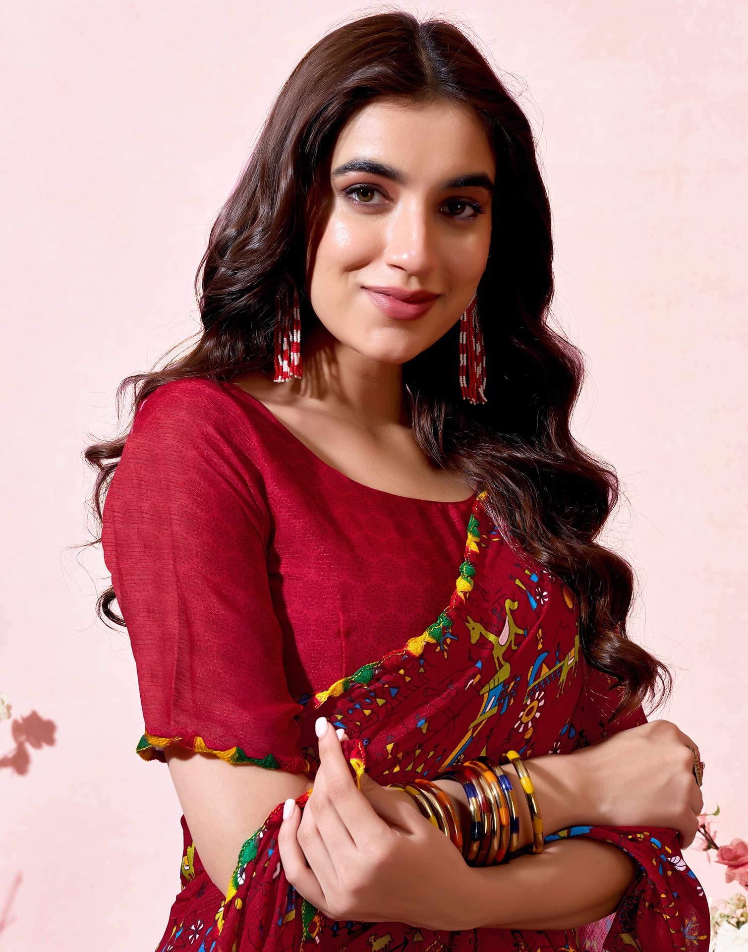 Red Georgette Warli Printed Saree