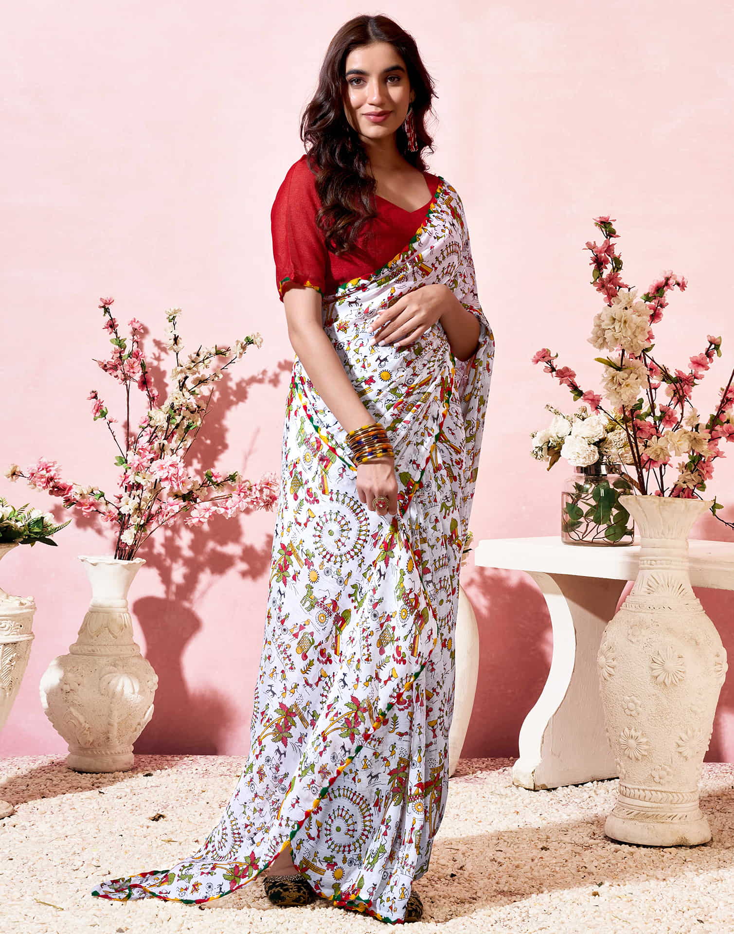White Georgette Warli Printed Saree