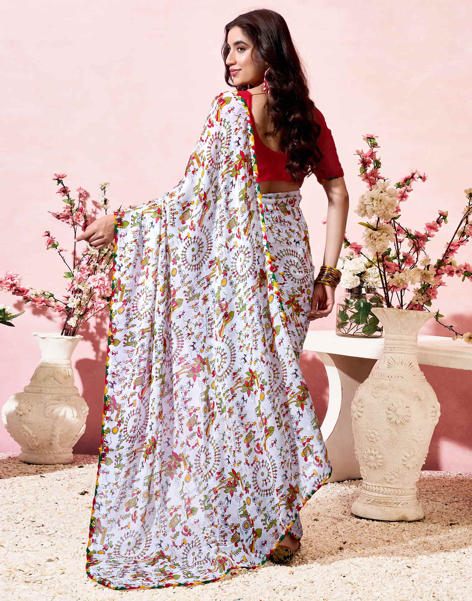 White Georgette Warli Printed Saree